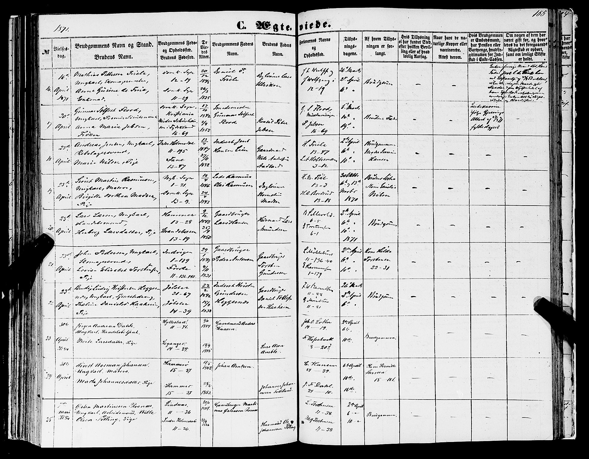 Domkirken sokneprestembete, AV/SAB-A-74801/H/Haa/L0034: Parish register (official) no. D 2, 1853-1874, p. 155