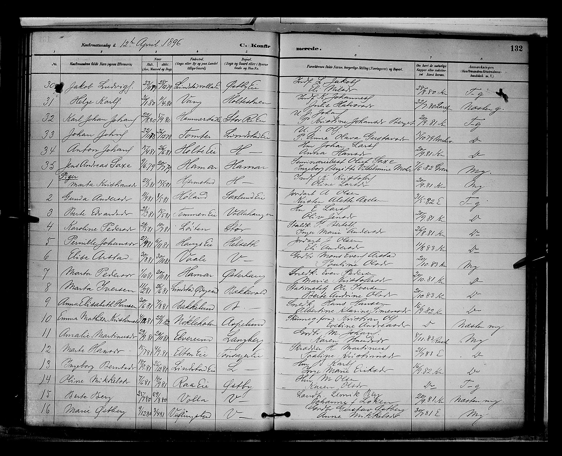 Stange prestekontor, AV/SAH-PREST-002/L/L0009: Parish register (copy) no. 9, 1883-1899, p. 132