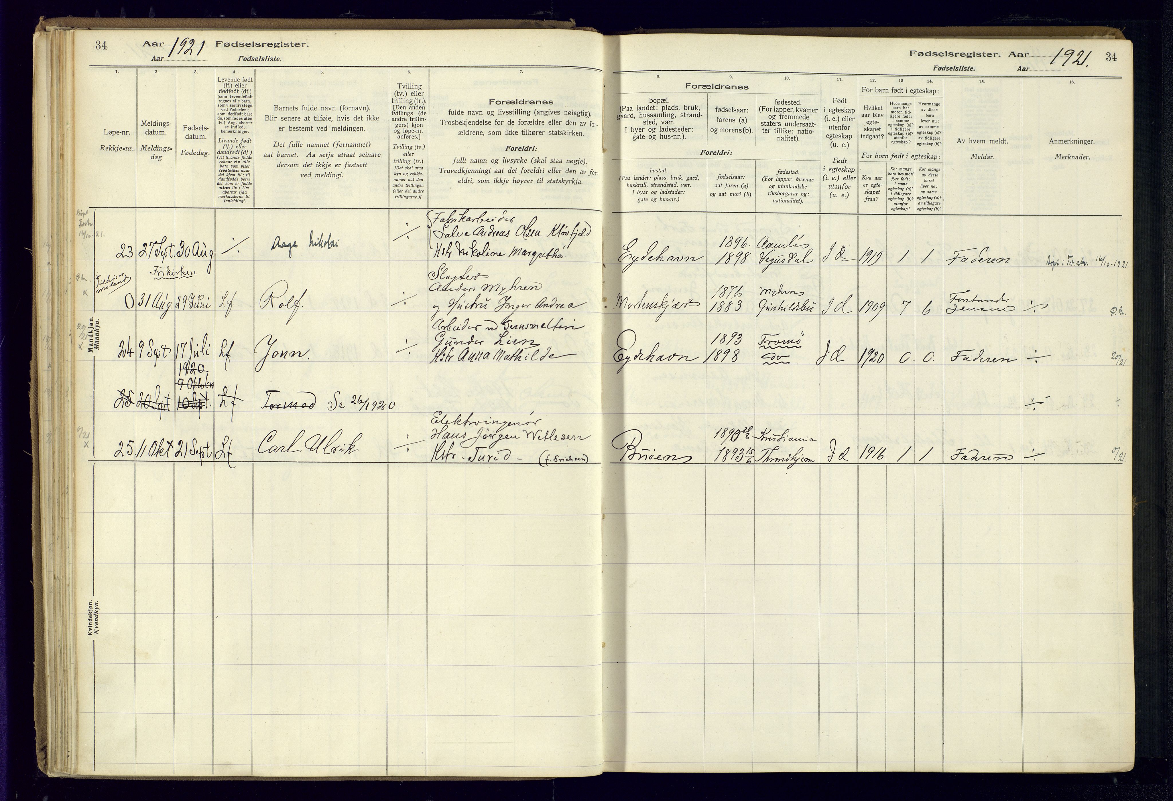 Austre Moland sokneprestkontor, AV/SAK-1111-0001/J/Ja/L0003: Birth register no. A-VI-27, 1916-1950, p. 34