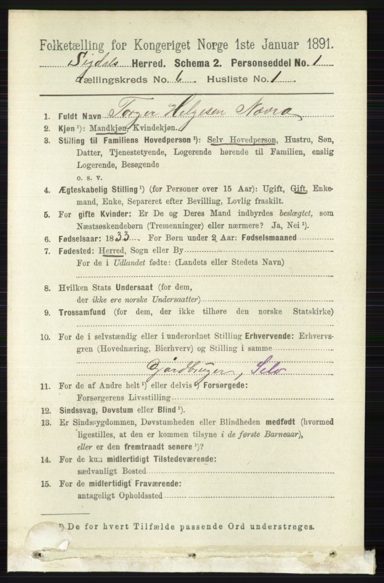 RA, 1891 census for 0621 Sigdal, 1891, p. 2423