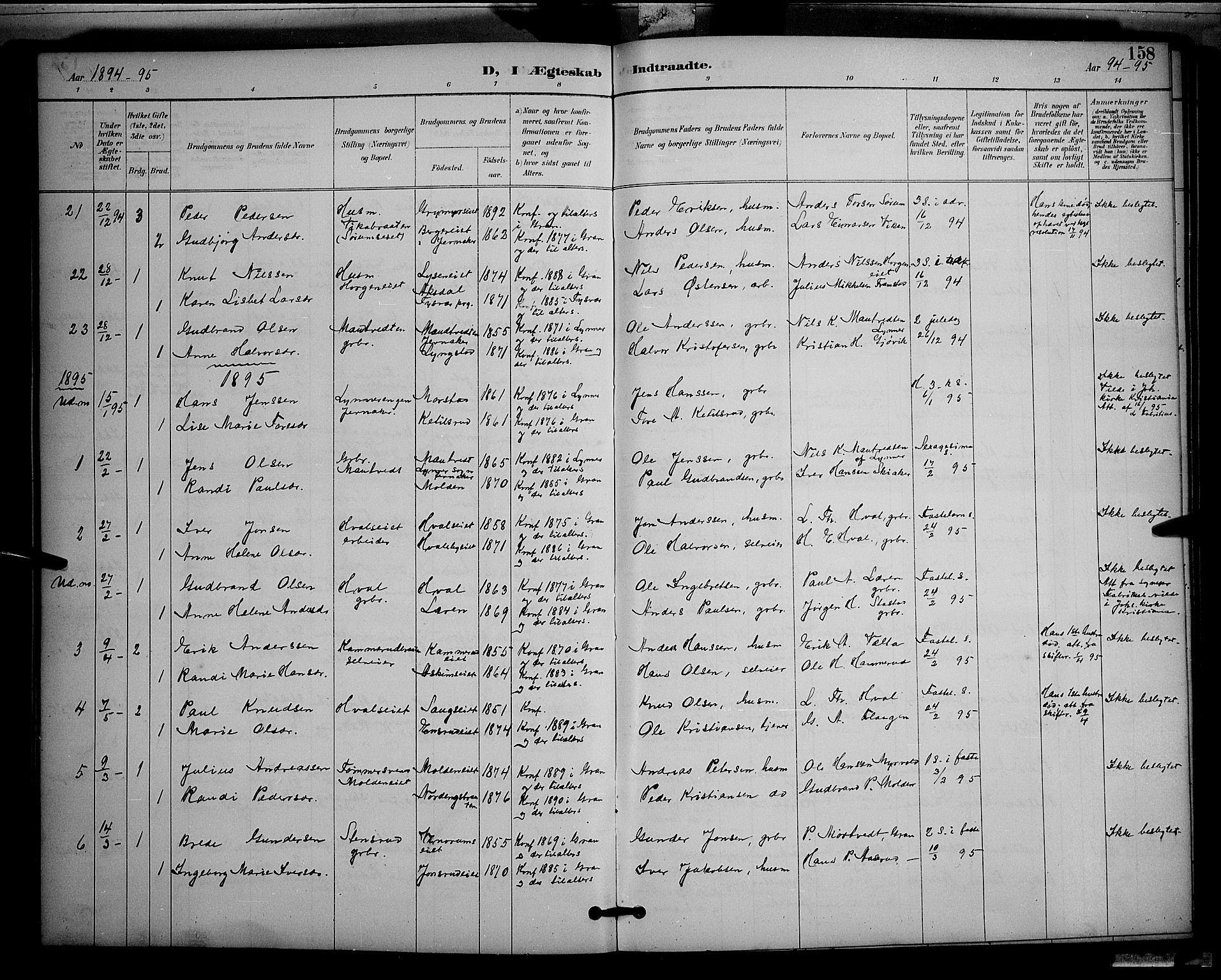 Gran prestekontor, SAH/PREST-112/H/Ha/Hab/L0005: Parish register (copy) no. 5, 1892-1900, p. 158