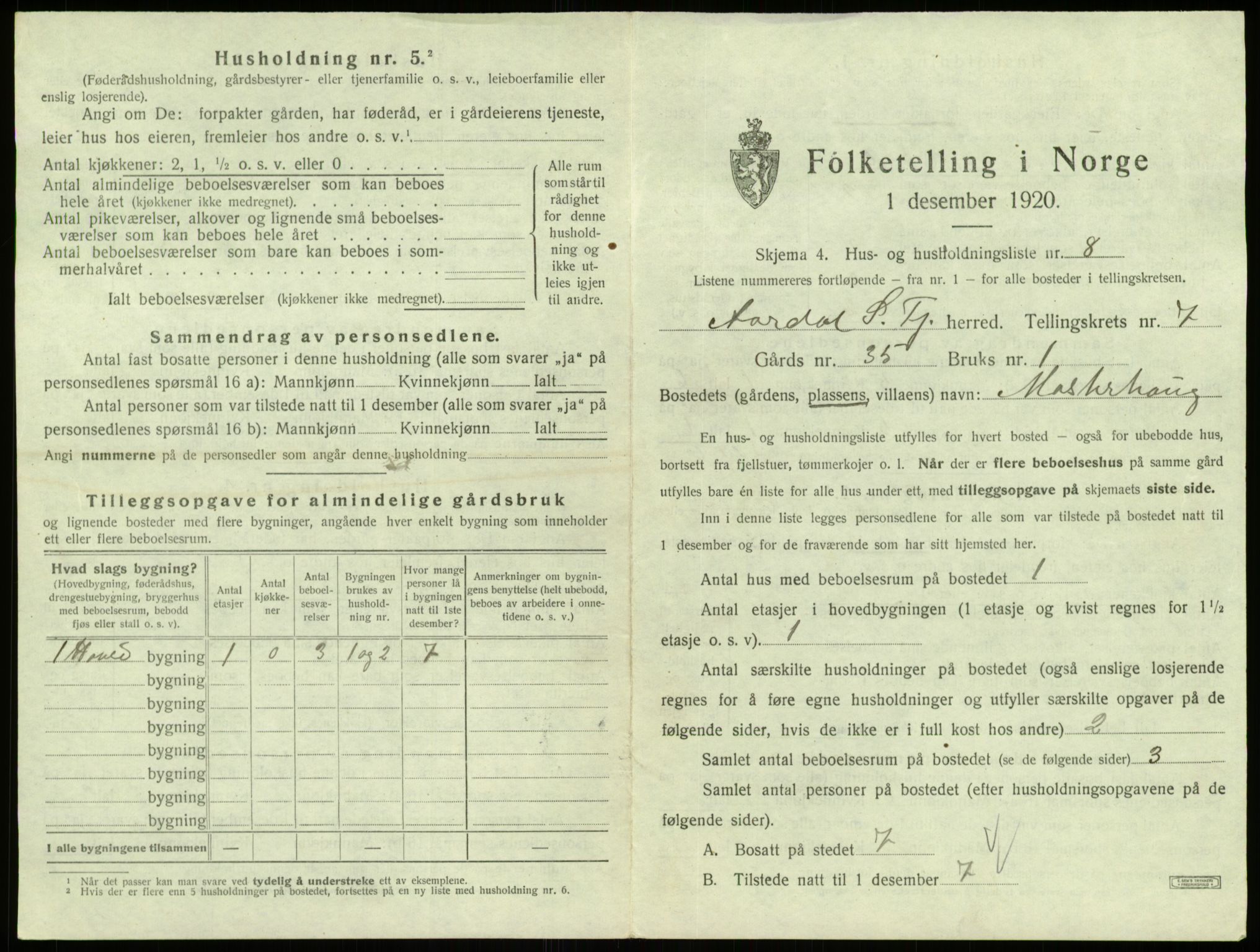 SAB, 1920 census for Årdal, 1920, p. 458