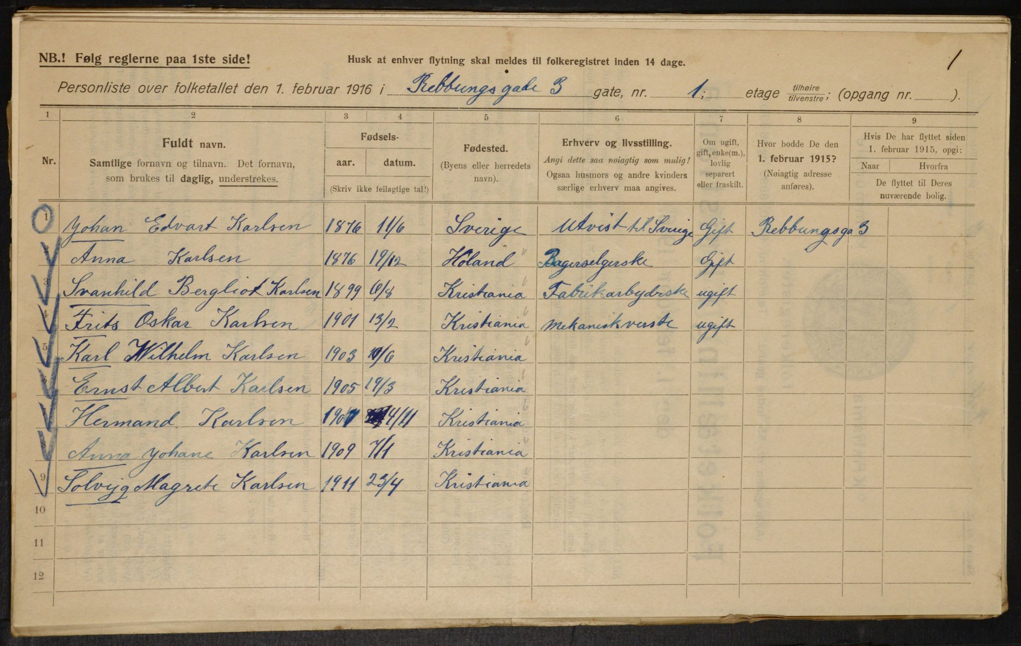 OBA, Municipal Census 1916 for Kristiania, 1916, p. 85095