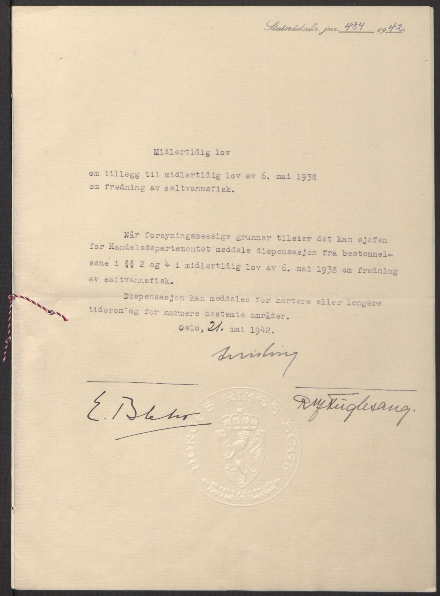 NS-administrasjonen 1940-1945 (Statsrådsekretariatet, de kommisariske statsråder mm), RA/S-4279/D/Db/L0097: Lover I, 1942, p. 351
