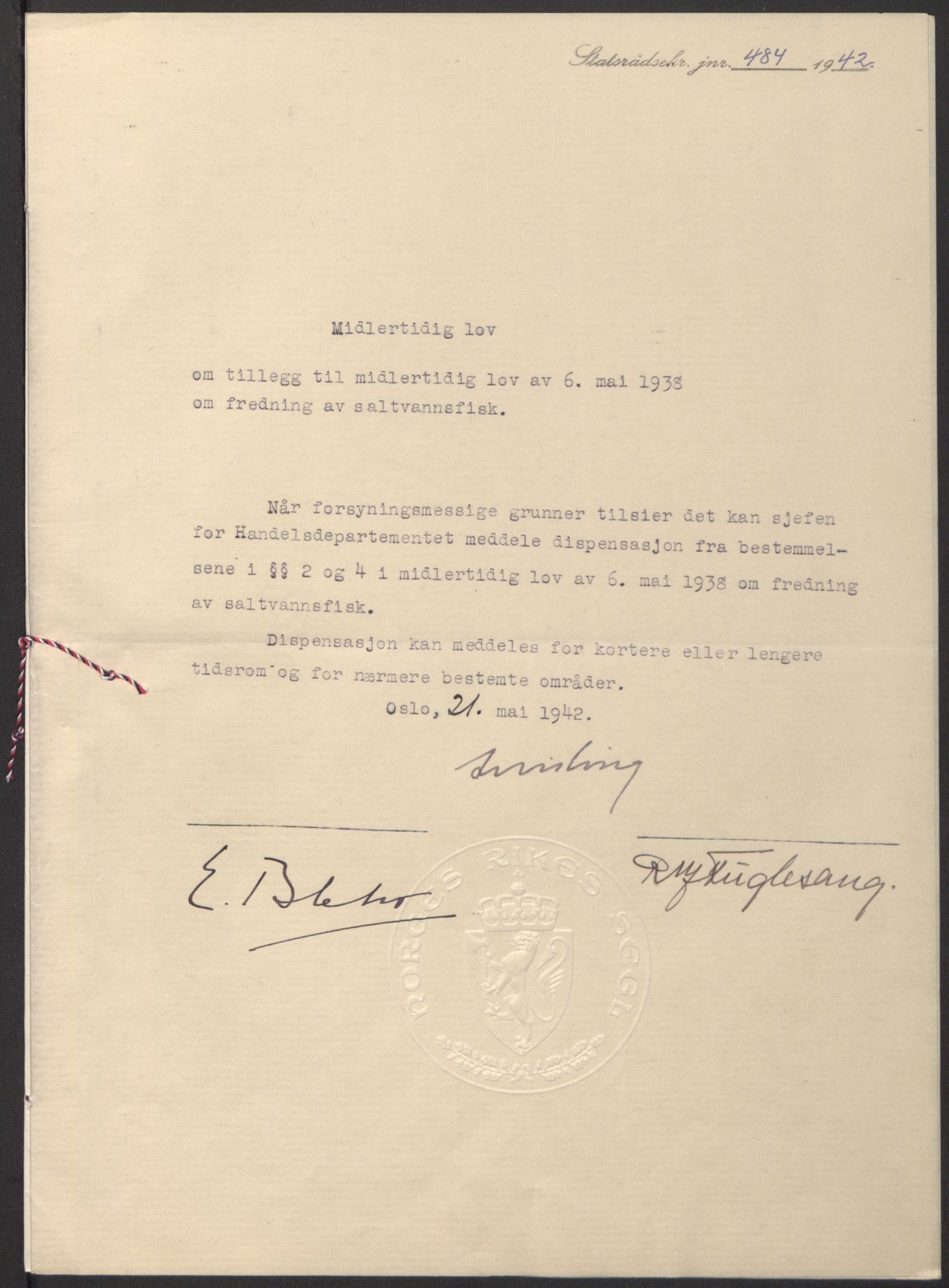 NS-administrasjonen 1940-1945 (Statsrådsekretariatet, de kommisariske statsråder mm), AV/RA-S-4279/D/Db/L0097: Lover I, 1942, p. 351