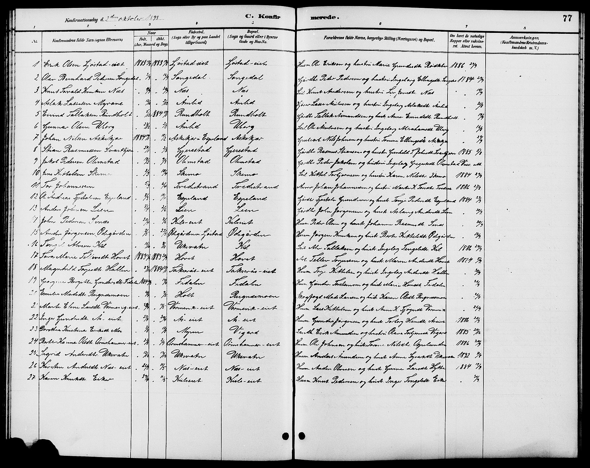 Gjerstad sokneprestkontor, SAK/1111-0014/F/Fb/Fbb/L0004: Parish register (copy) no. B 4, 1890-1910, p. 77
