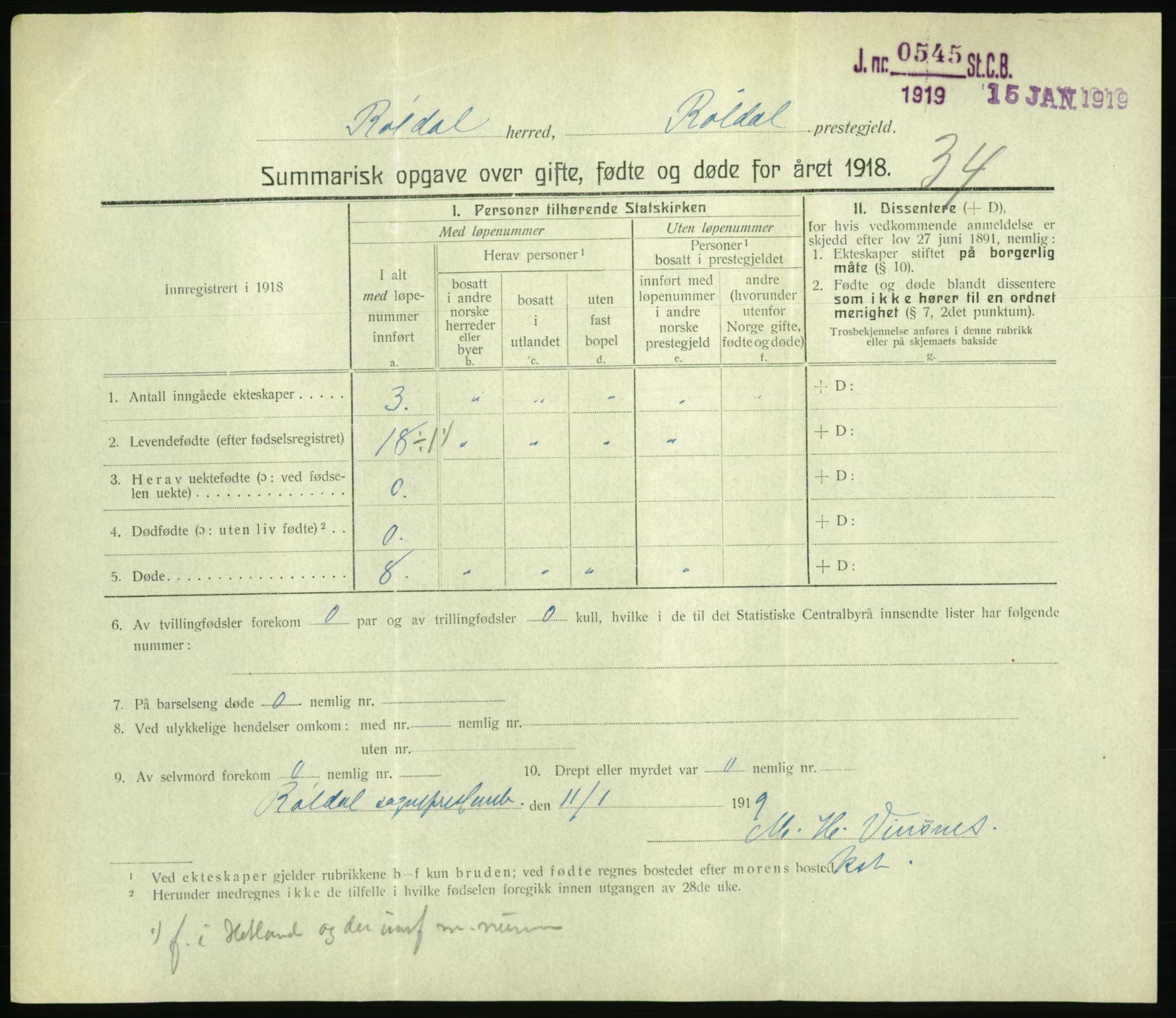 Statistisk sentralbyrå, Sosiodemografiske emner, Befolkning, RA/S-2228/D/Df/Dfb/Dfbh/L0059: Summariske oppgaver over gifte, fødte og døde for hele landet., 1918, p. 975