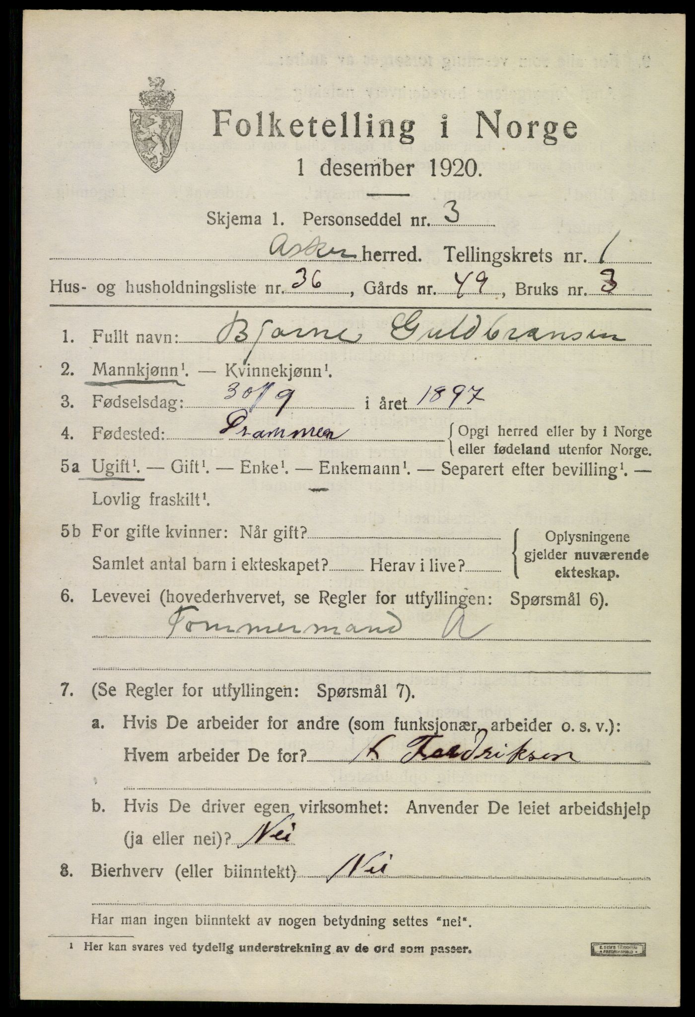 SAO, 1920 census for Asker, 1920, p. 2864