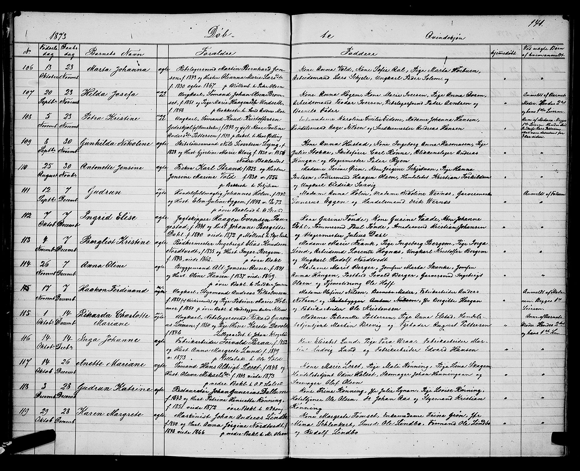 Ministerialprotokoller, klokkerbøker og fødselsregistre - Sør-Trøndelag, SAT/A-1456/604/L0220: Parish register (copy) no. 604C03, 1870-1885, p. 141