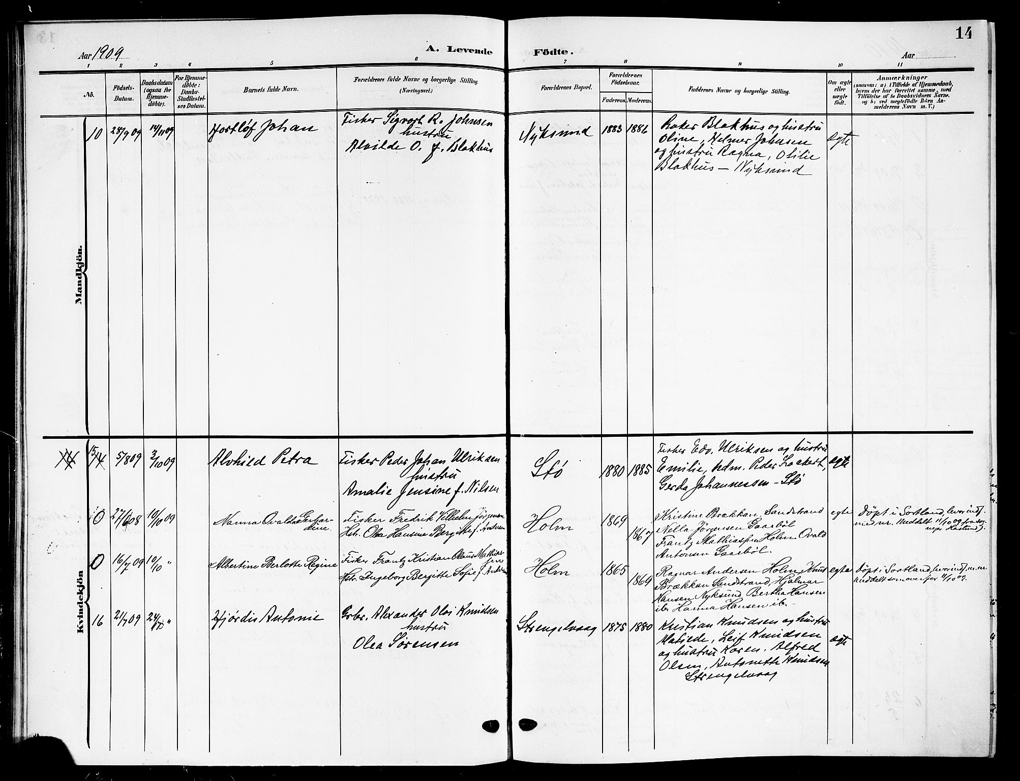 Ministerialprotokoller, klokkerbøker og fødselsregistre - Nordland, AV/SAT-A-1459/894/L1361: Parish register (copy) no. 894C04, 1905-1922, p. 14