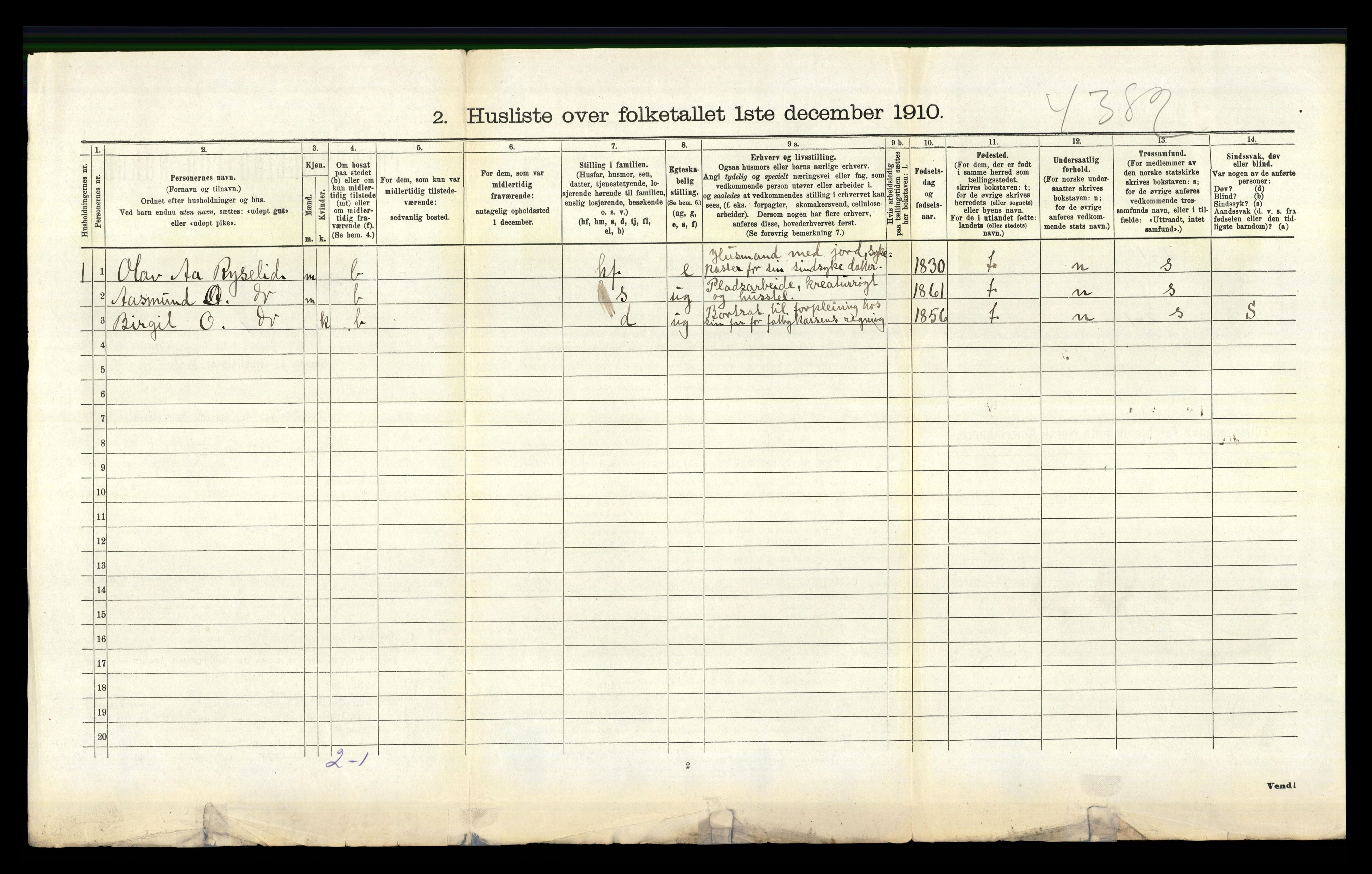 RA, 1910 census for Bygland, 1910, p. 326