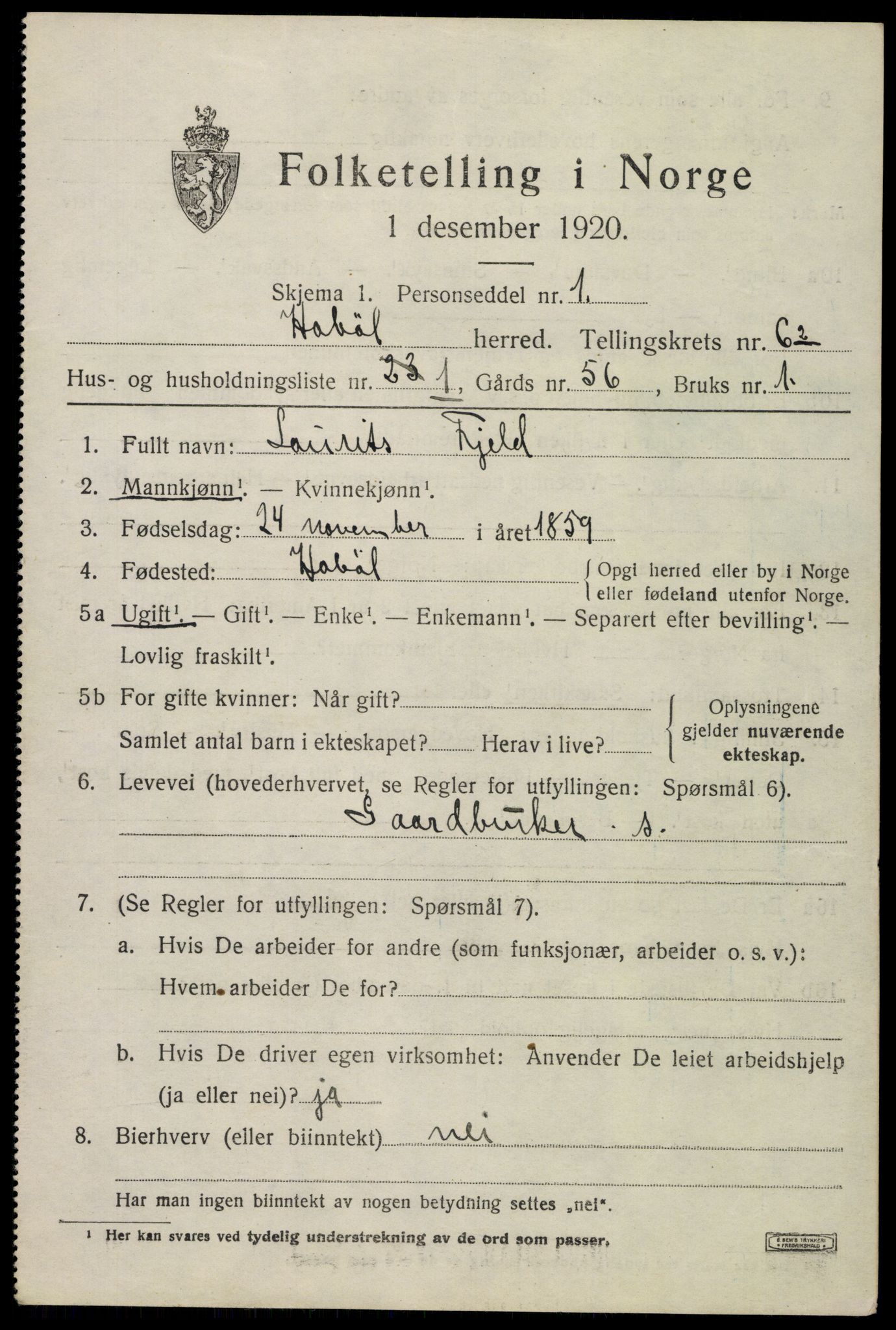 SAO, 1920 census for Hobøl, 1920, p. 2442