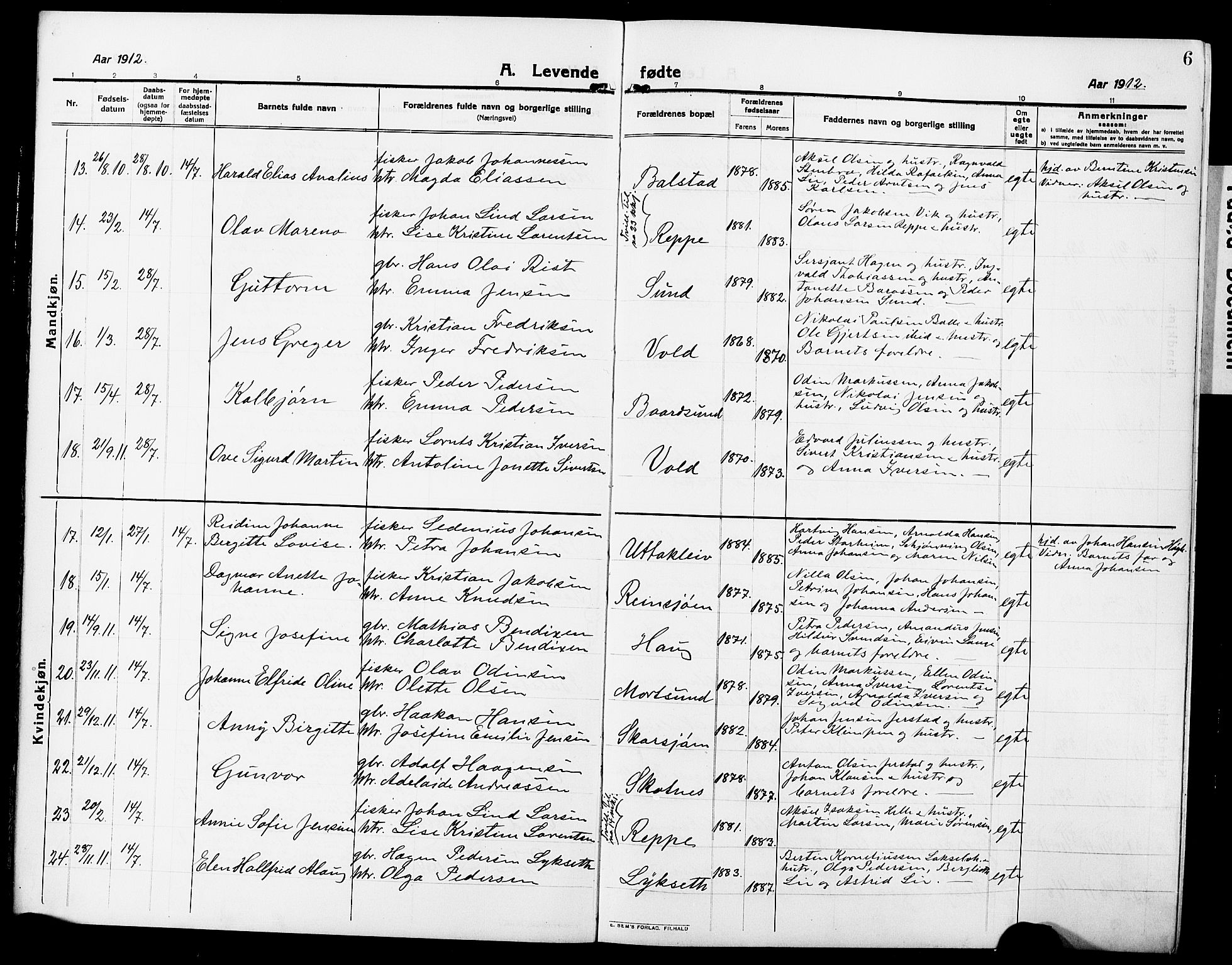 Ministerialprotokoller, klokkerbøker og fødselsregistre - Nordland, SAT/A-1459/881/L1169: Parish register (copy) no. 881C06, 1912-1930, p. 6