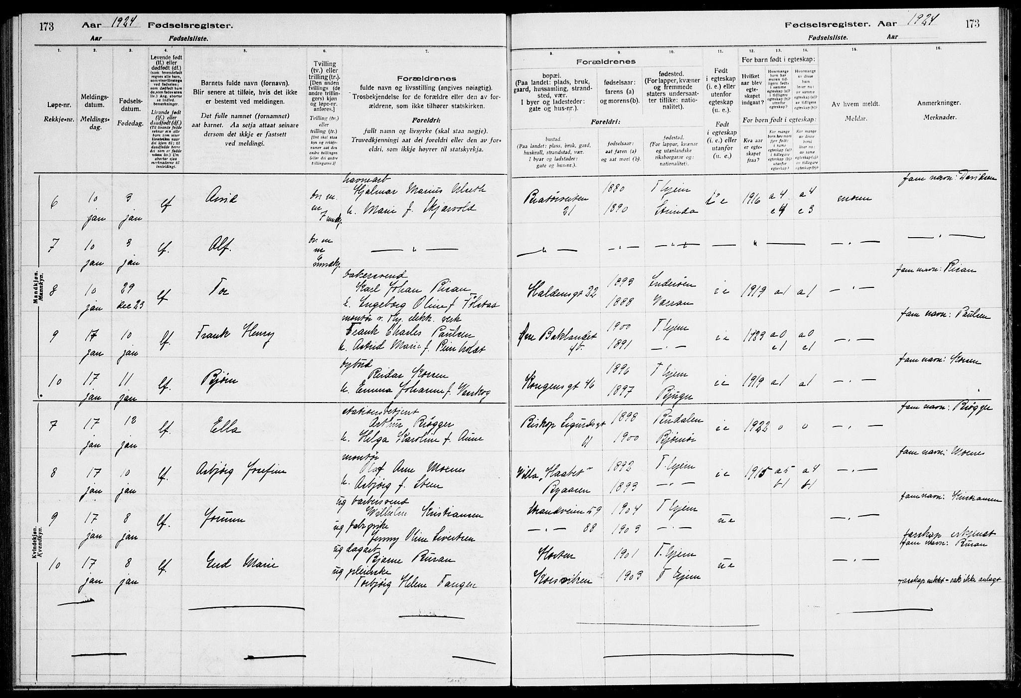 Ministerialprotokoller, klokkerbøker og fødselsregistre - Sør-Trøndelag, SAT/A-1456/600/L0003: Birth register no. 600.II.4.2, 1920-1924, p. 173