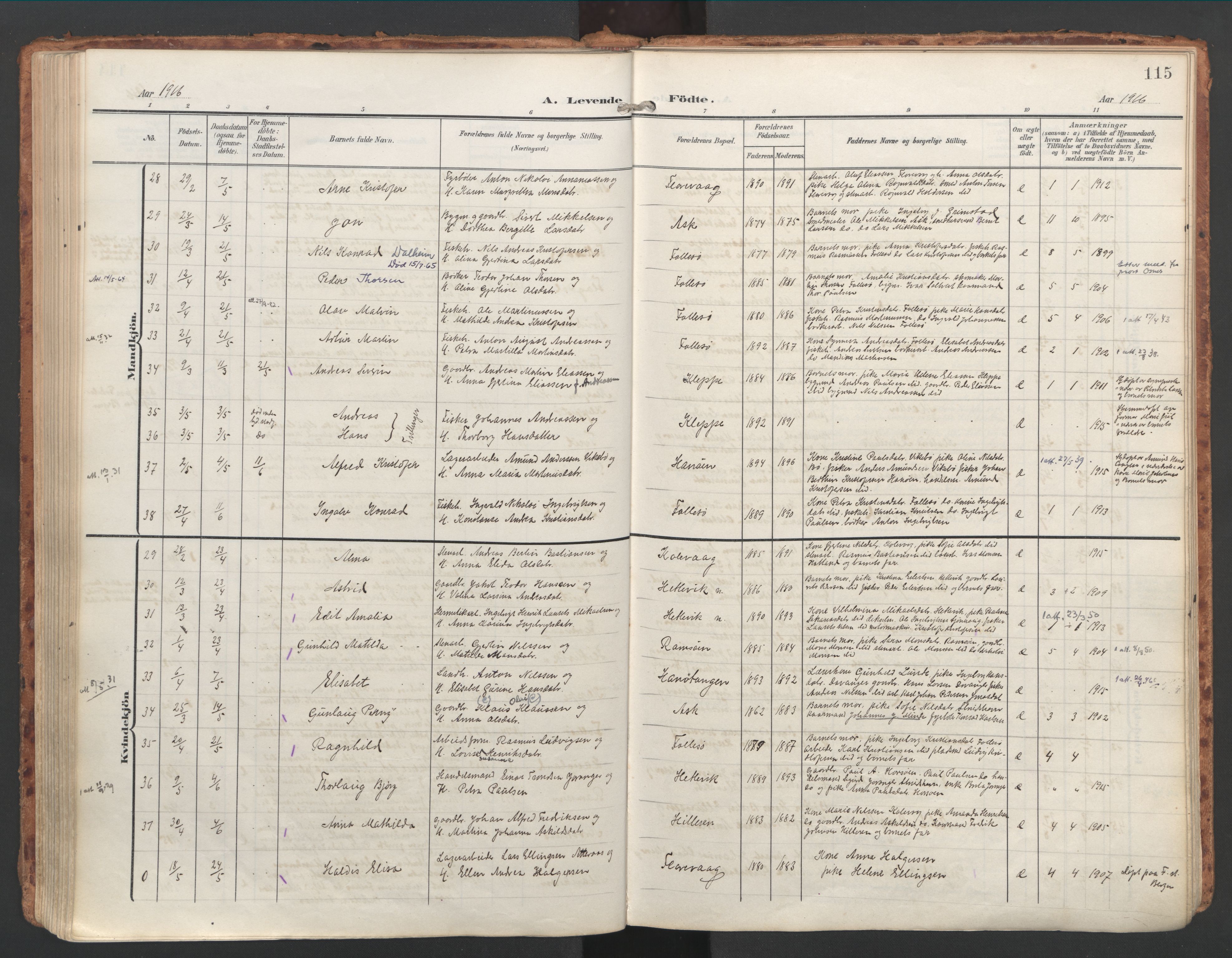 Askøy Sokneprestembete, AV/SAB-A-74101/H/Ha/Haa/Haac/L0002: Parish register (official) no. C 2, 1905-1922, p. 115