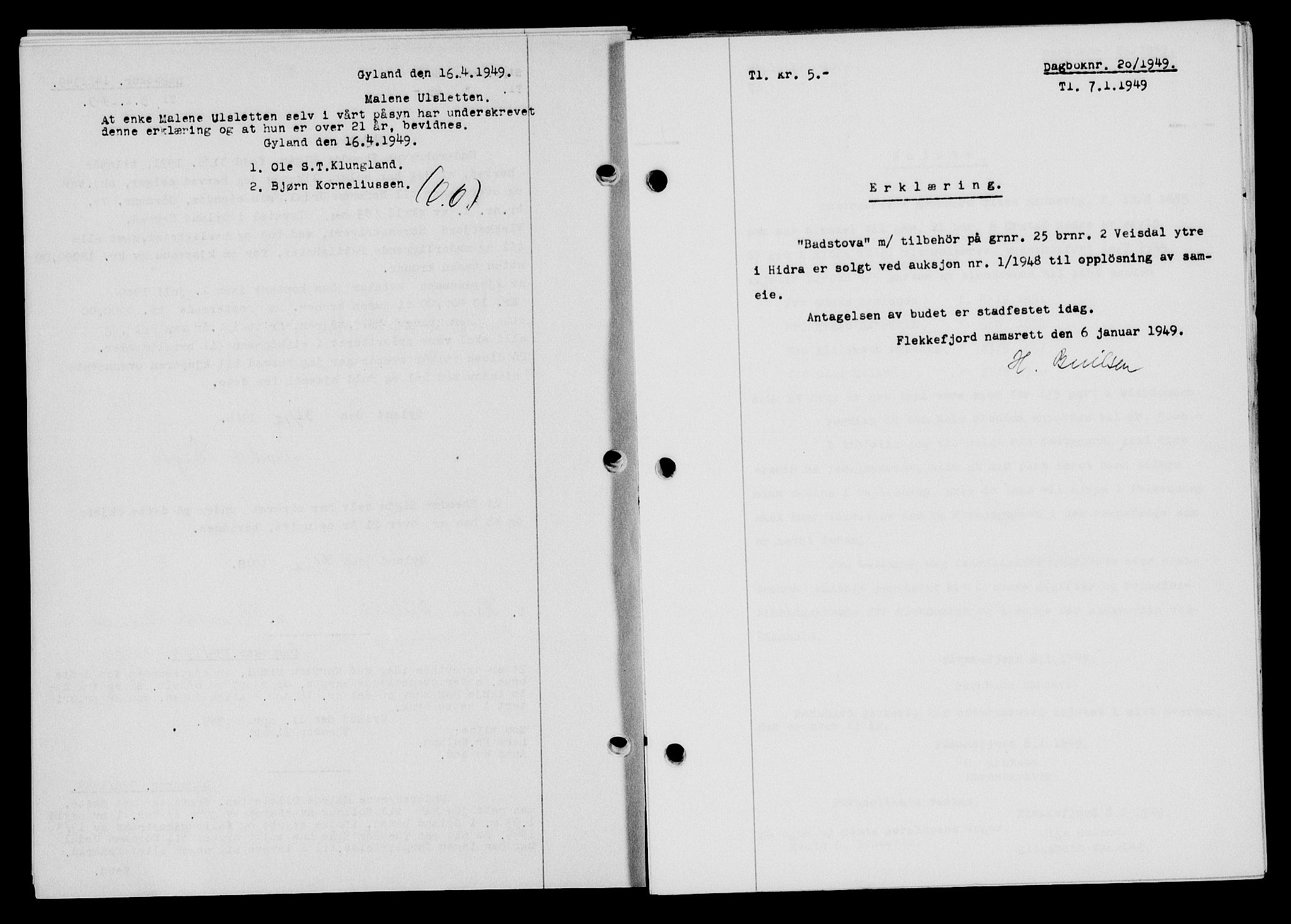 Flekkefjord sorenskriveri, SAK/1221-0001/G/Gb/Gba/L0064: Mortgage book no. A-12, 1948-1949, Diary no: : 20/1949
