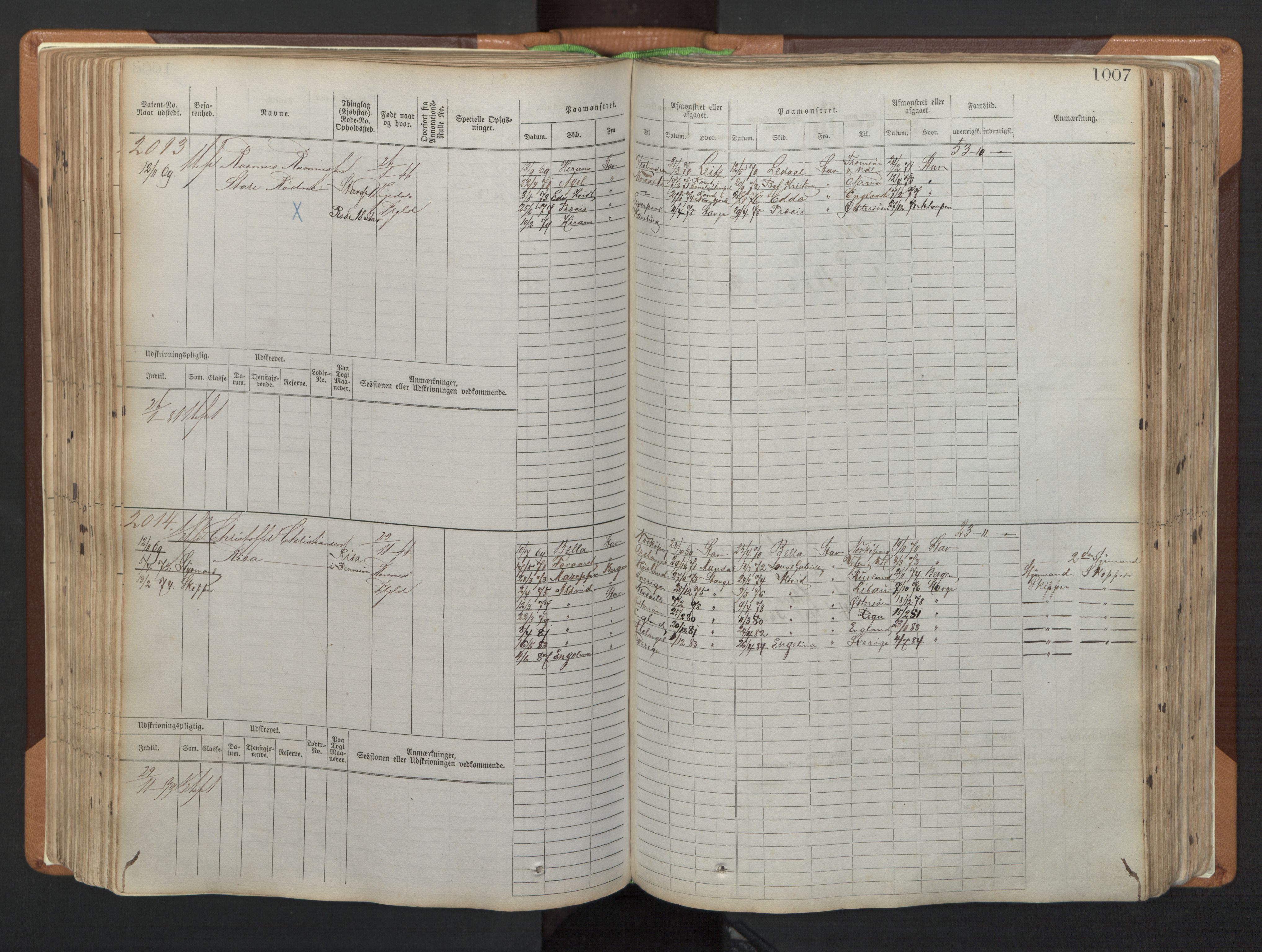 Stavanger sjømannskontor, SAST/A-102006/F/Fb/Fbb/L0006: Sjøfartshovedrulle, patentnr. 1607-2402 (del 3), 1869-1880, p. 207