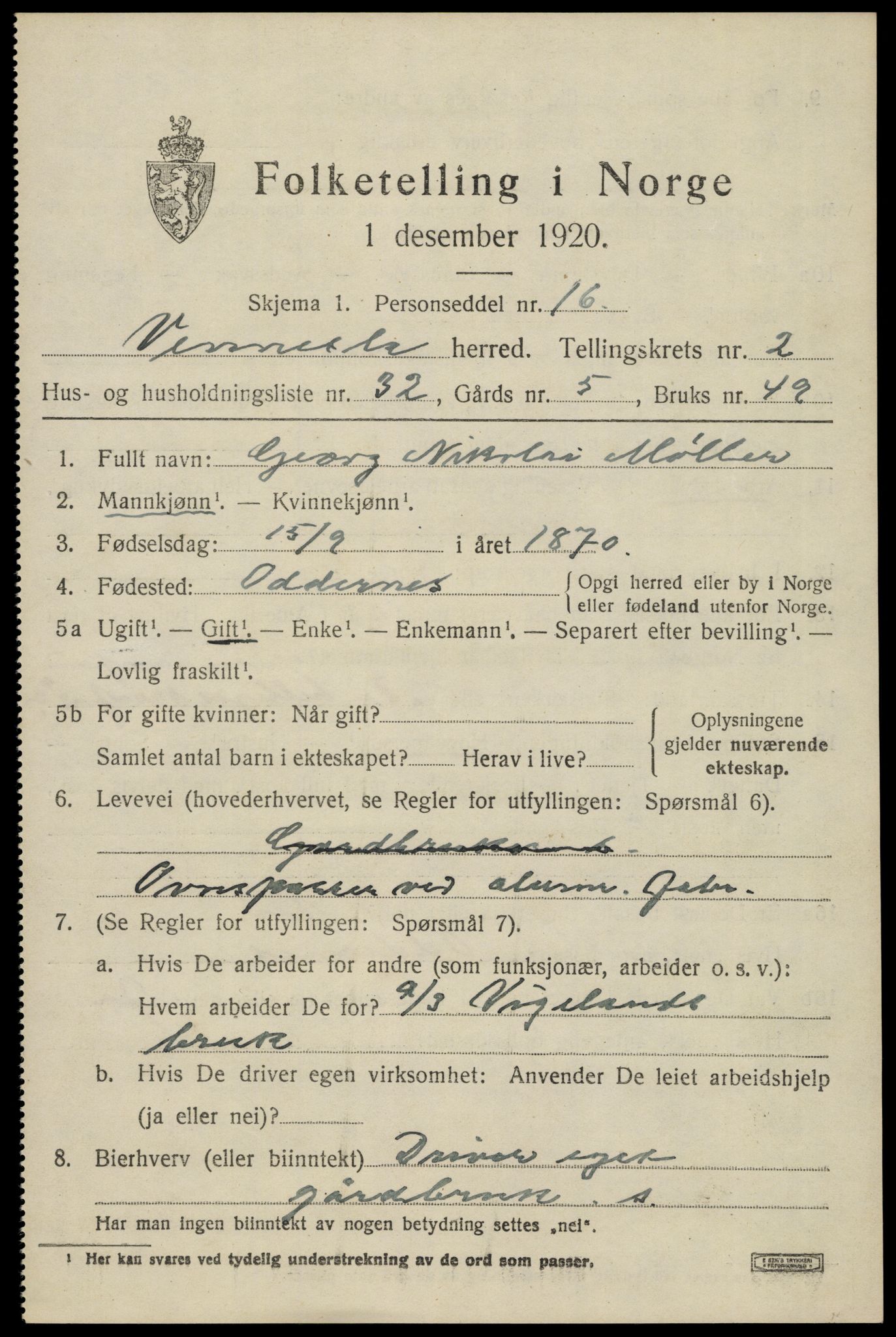 SAK, 1920 census for Vennesla, 1920, p. 1908