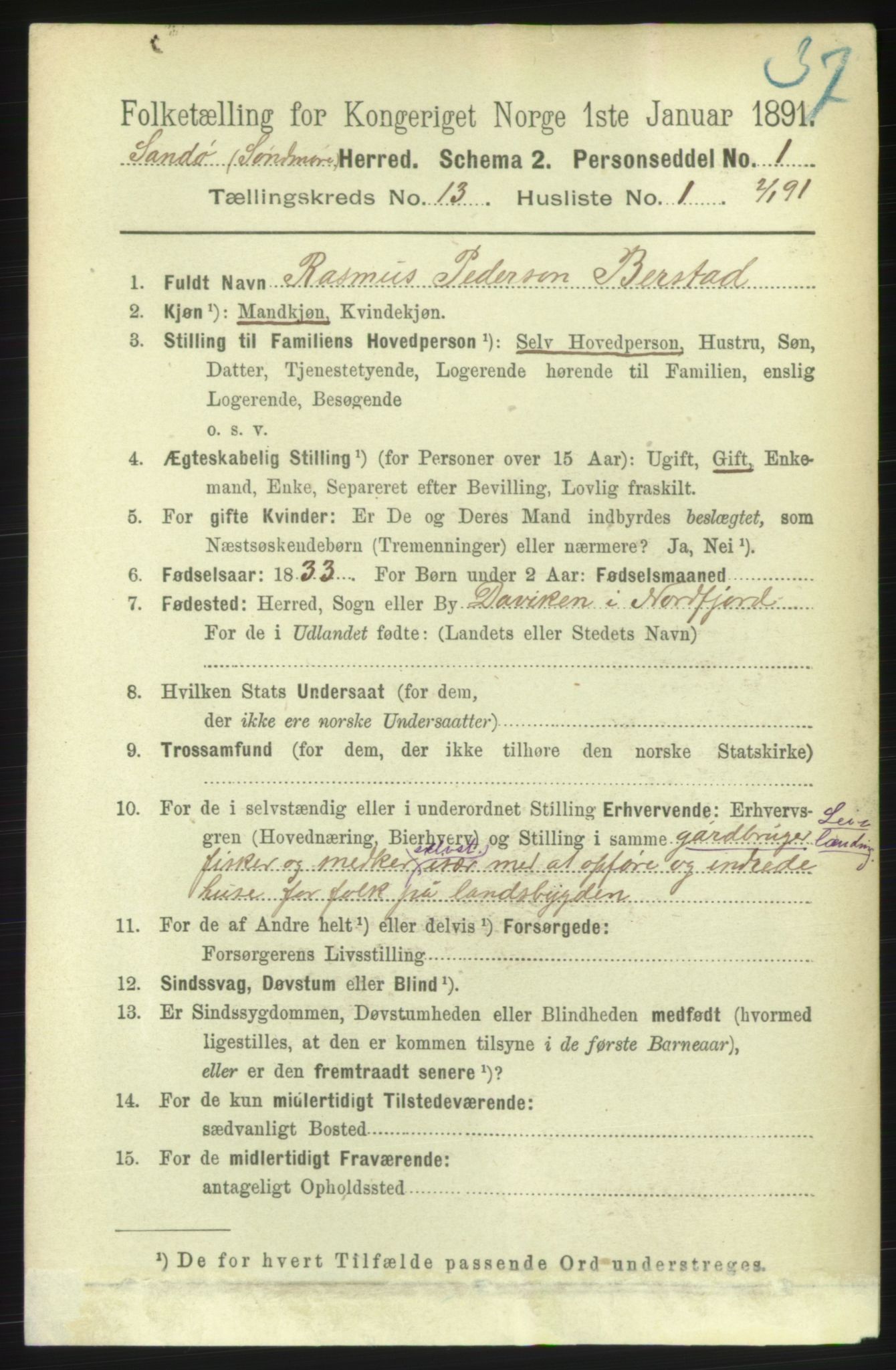 RA, 1891 census for 1514 Sande, 1891, p. 2475