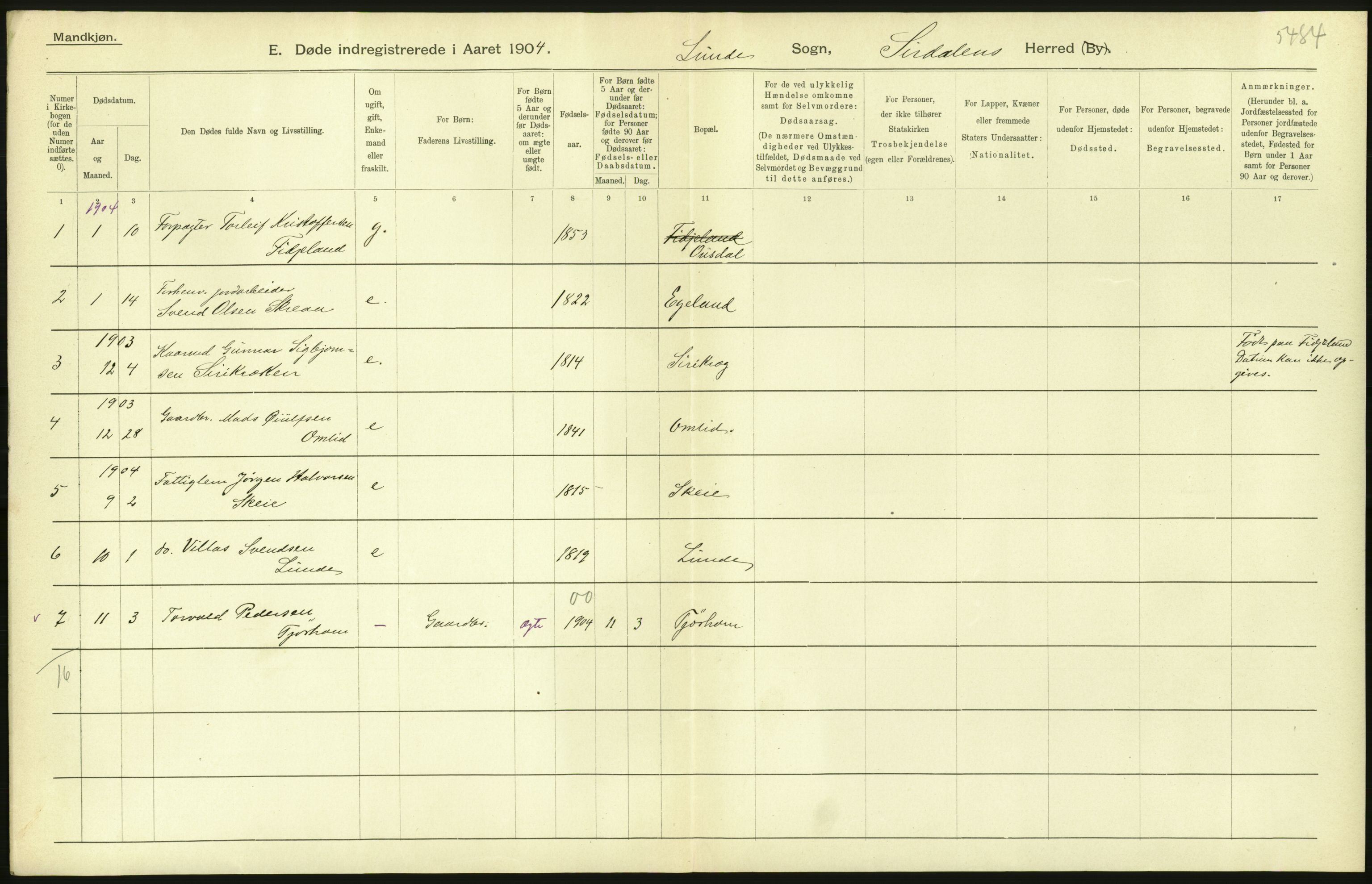 Statistisk sentralbyrå, Sosiodemografiske emner, Befolkning, AV/RA-S-2228/D/Df/Dfa/Dfab/L0011: Lister og Mandals amt: Fødte, gifte, døde, 1904, p. 398