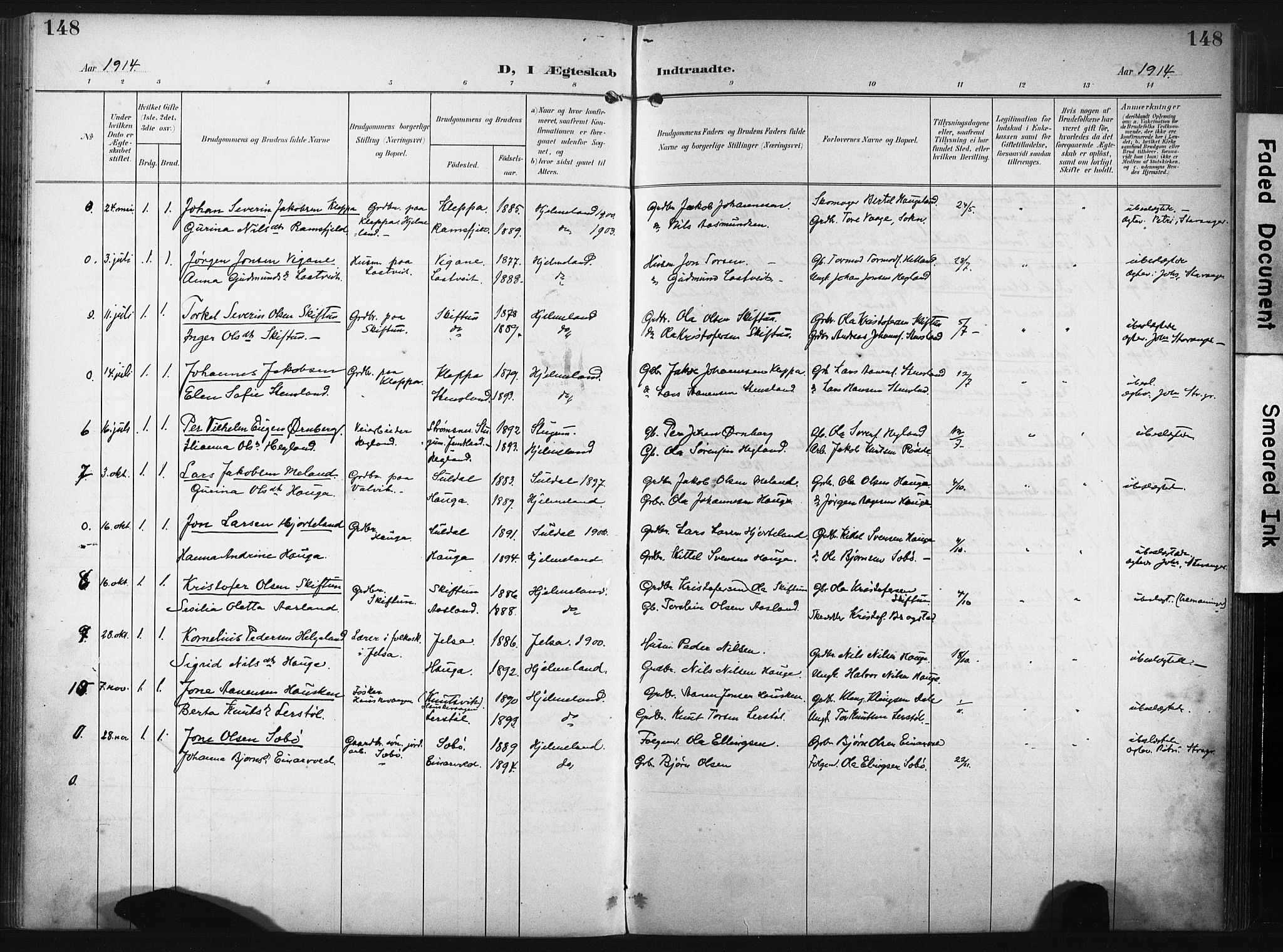 Hjelmeland sokneprestkontor, SAST/A-101843/02/A/L0002: Parish register (official) no. A 17, 1901-1916, p. 148