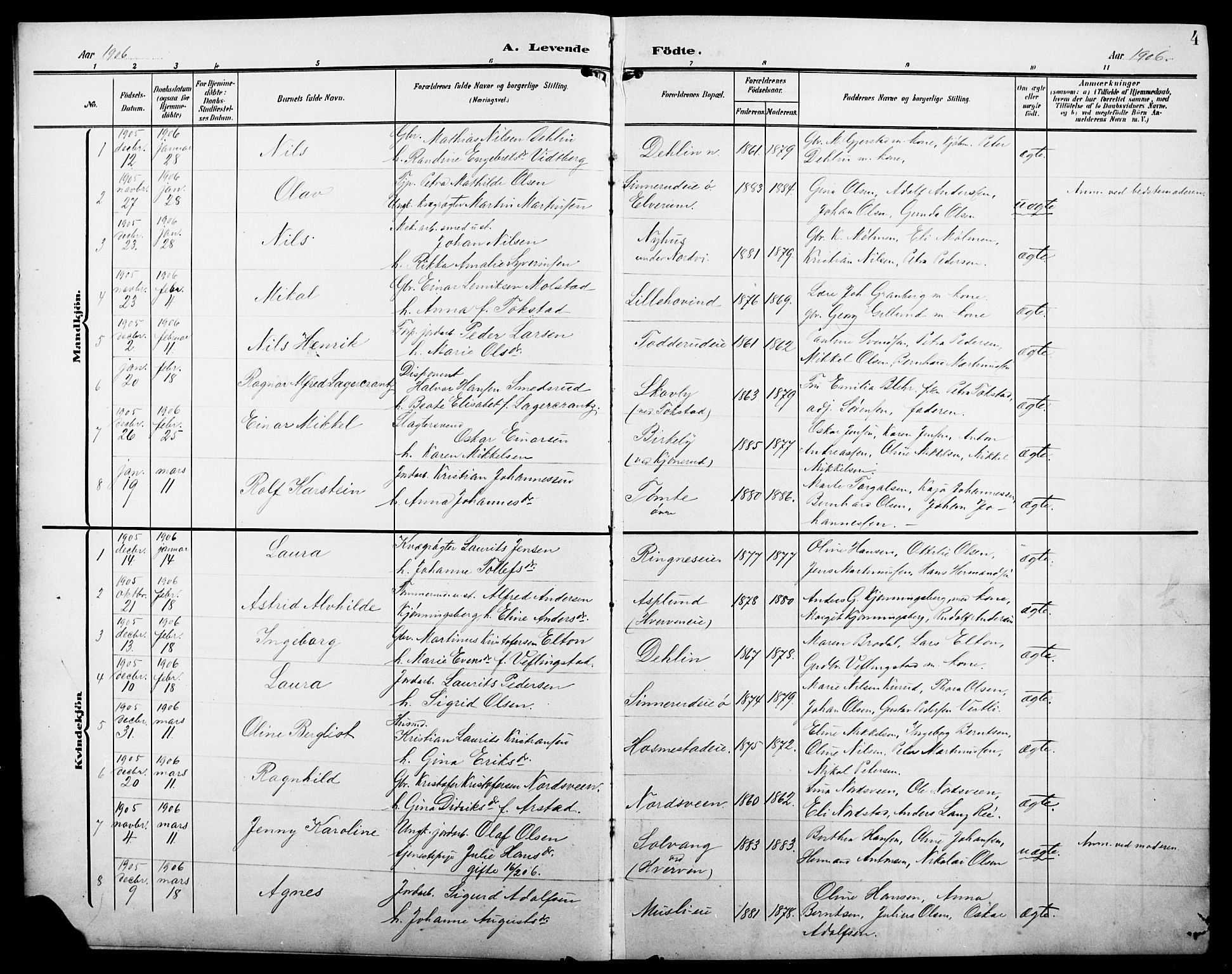 Stange prestekontor, SAH/PREST-002/L/L0013: Parish register (copy) no. 13, 1906-1915, p. 4