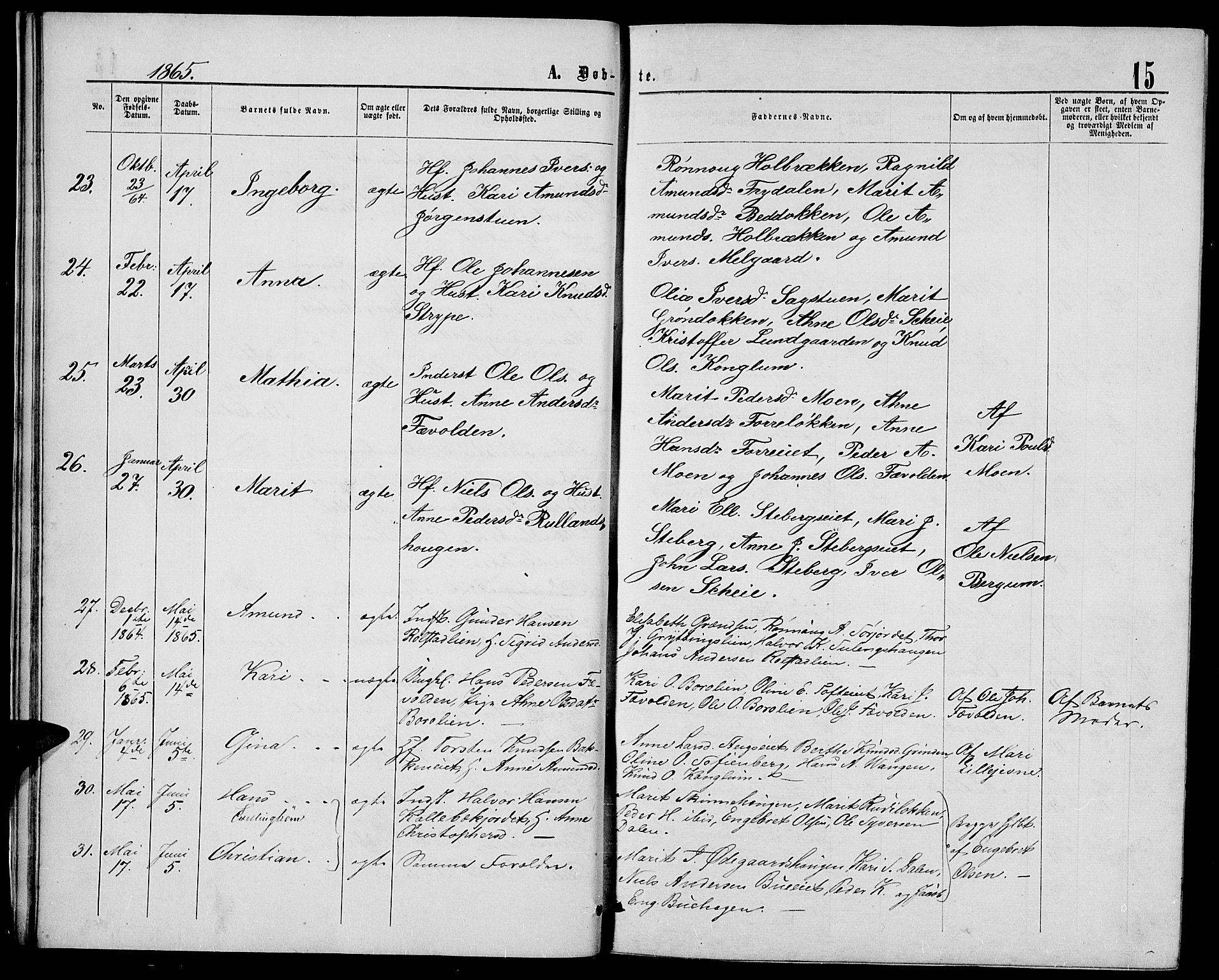 Sør-Fron prestekontor, AV/SAH-PREST-010/H/Ha/Hab/L0002: Parish register (copy) no. 2, 1864-1883, p. 15