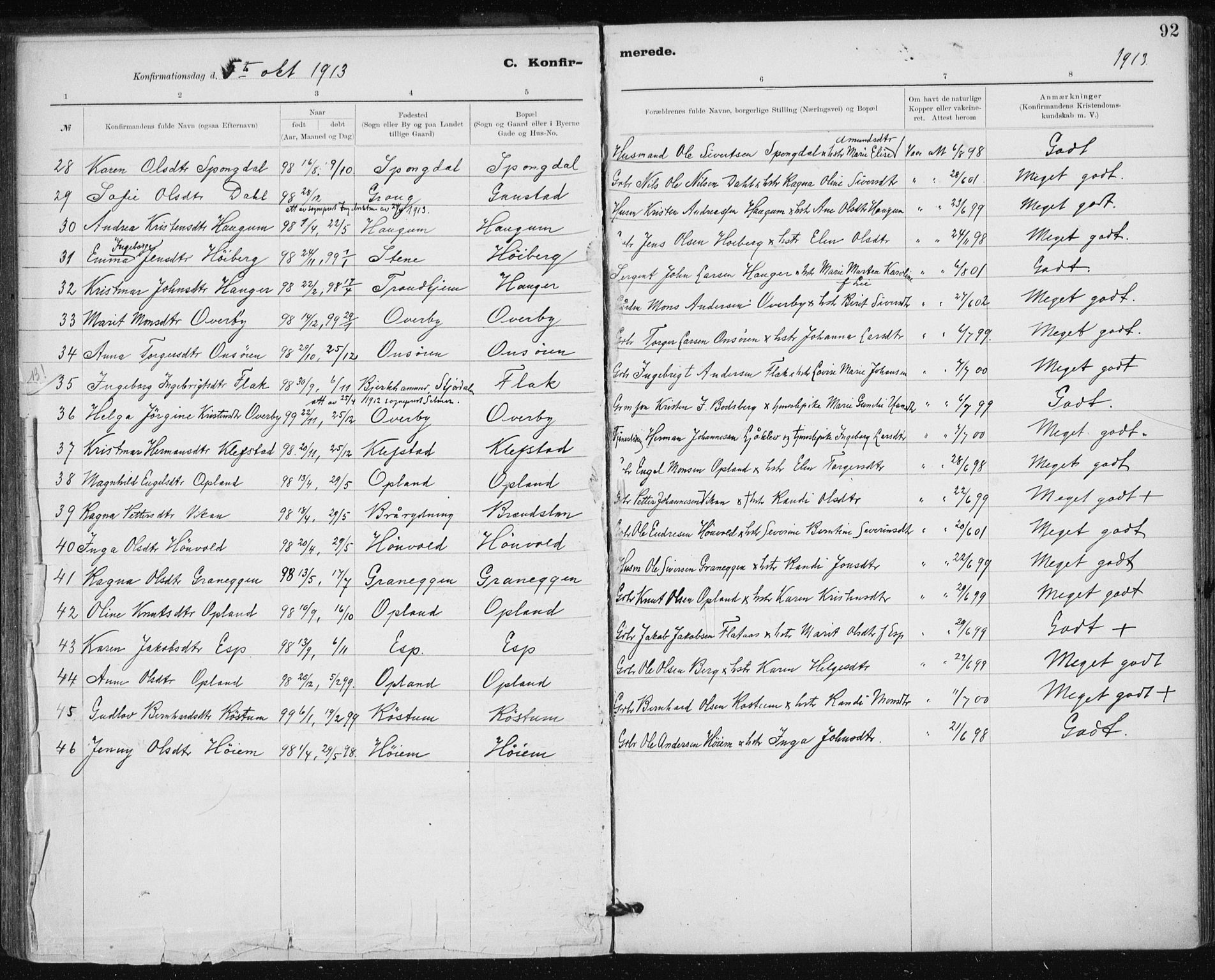 Ministerialprotokoller, klokkerbøker og fødselsregistre - Sør-Trøndelag, SAT/A-1456/612/L0381: Parish register (official) no. 612A13, 1907-1923, p. 92
