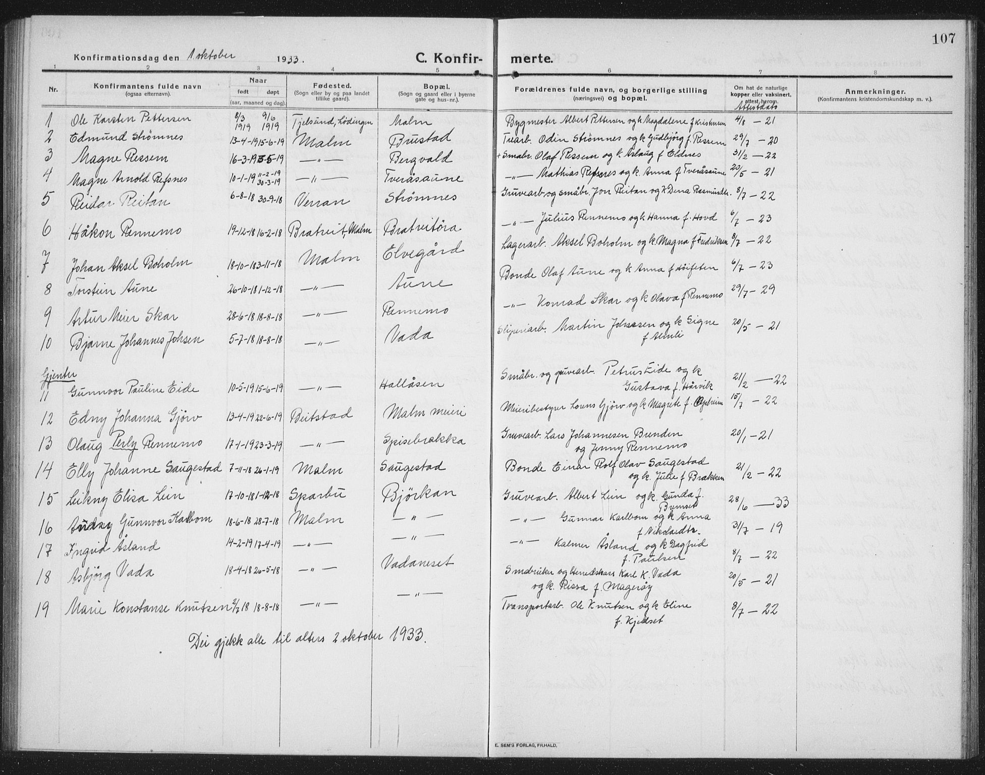 Ministerialprotokoller, klokkerbøker og fødselsregistre - Nord-Trøndelag, SAT/A-1458/745/L0434: Parish register (copy) no. 745C03, 1914-1937, p. 107