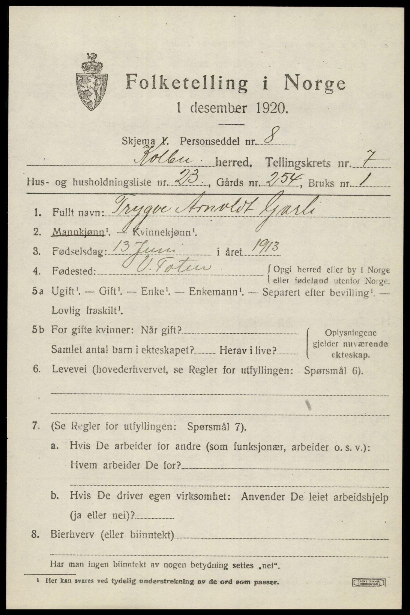 SAH, 1920 census for Kolbu, 1920, p. 5314