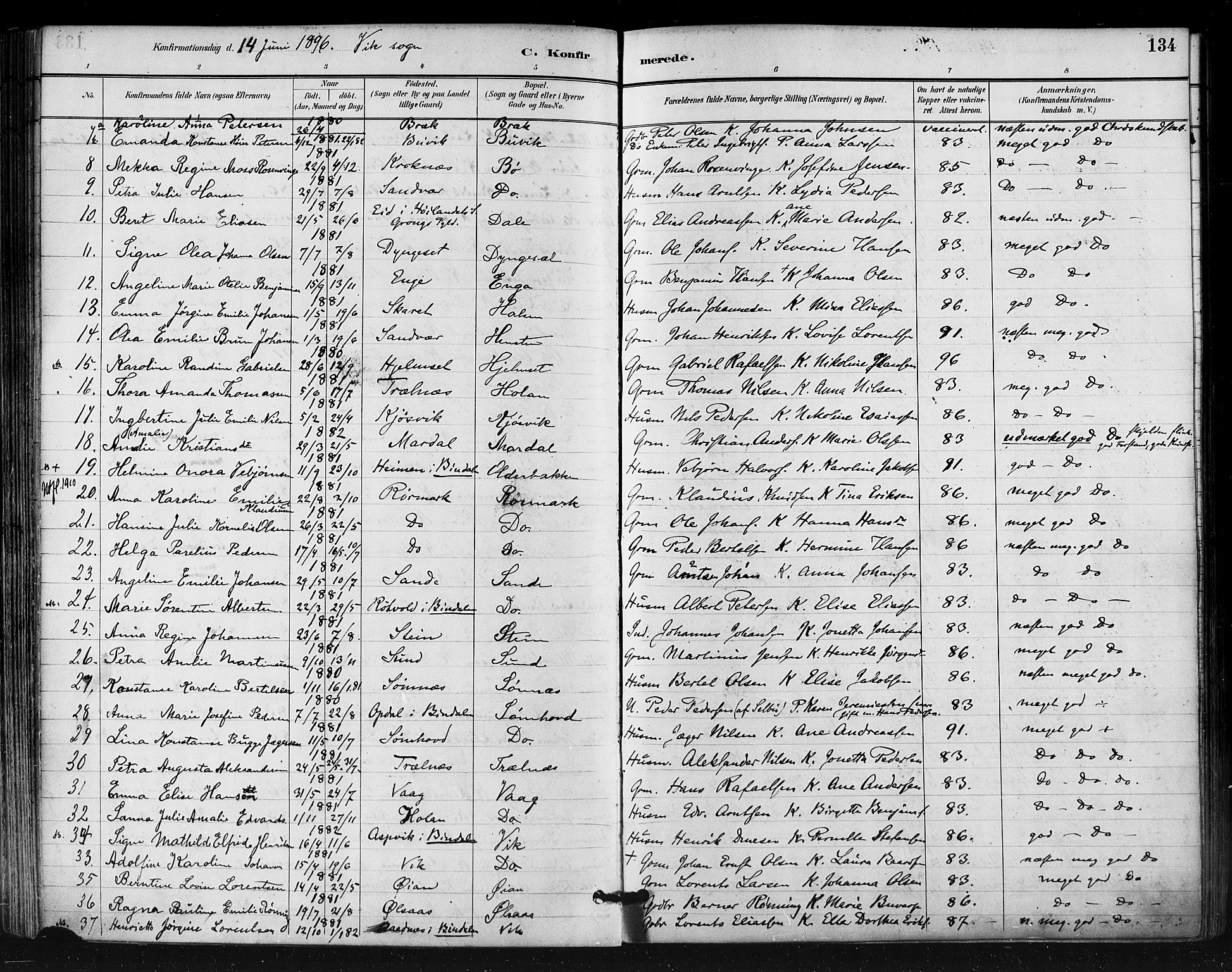 Ministerialprotokoller, klokkerbøker og fødselsregistre - Nordland, AV/SAT-A-1459/812/L0178: Parish register (official) no. 812A07, 1886-1900, p. 134