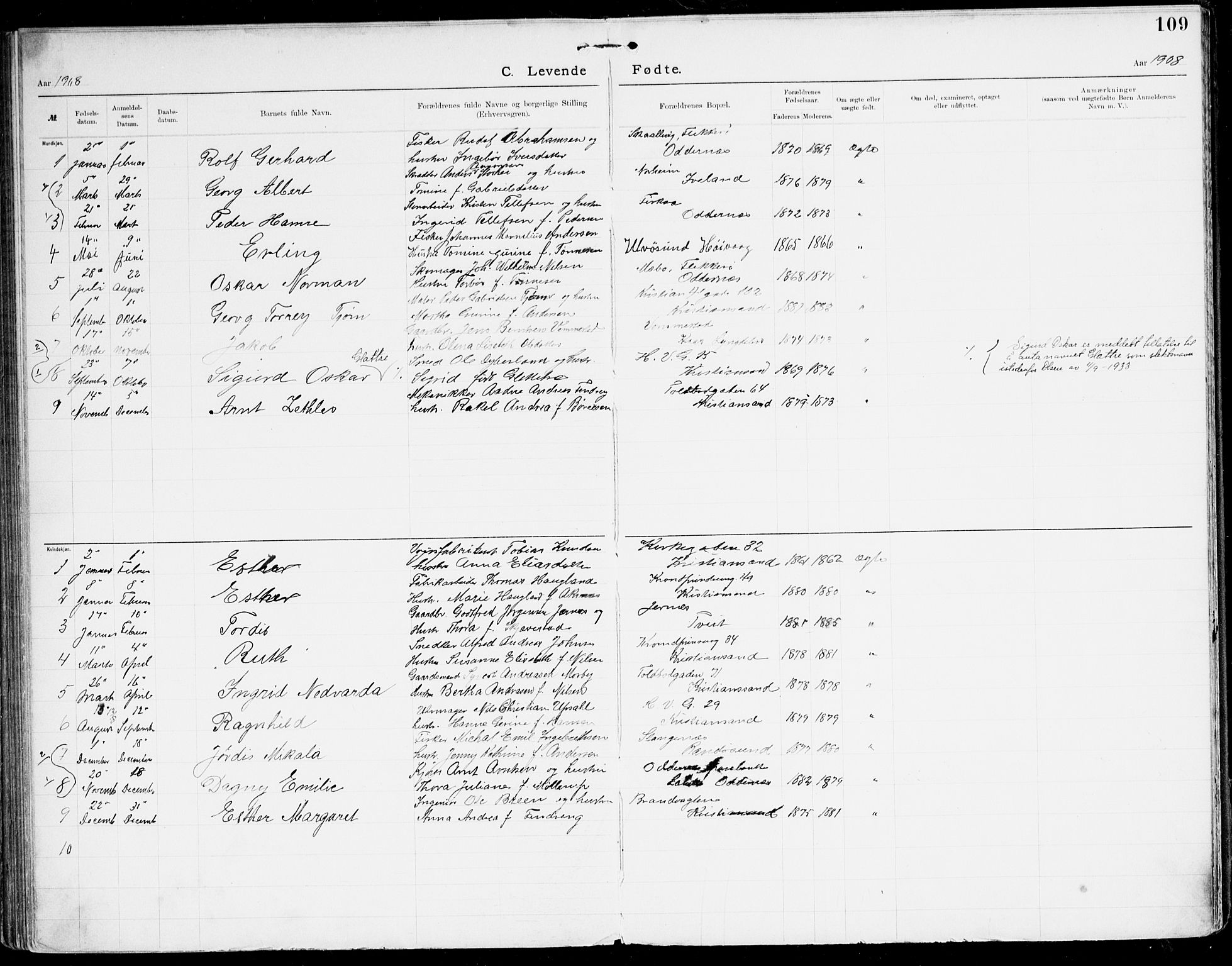 Den evangelisk-lutherske frikirke, Kristiansand, AV/SAK-1292-0017/F/Fa/L0003: Dissenter register no. F 11, 1892-1925, p. 109