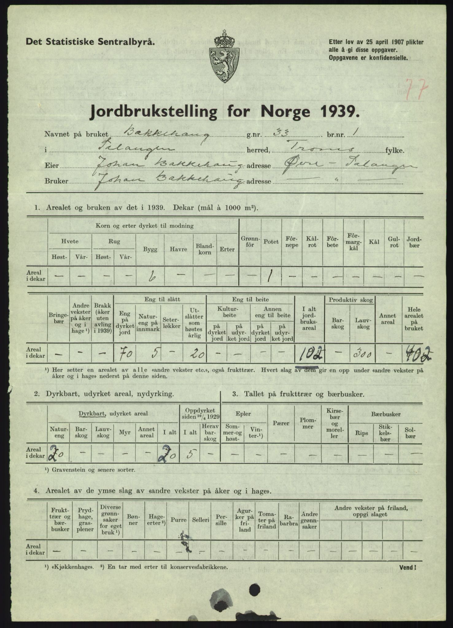 Statistisk sentralbyrå, Næringsøkonomiske emner, Jordbruk, skogbruk, jakt, fiske og fangst, AV/RA-S-2234/G/Gb/L0340: Troms: Salangen og Dyrøy, 1939, p. 779