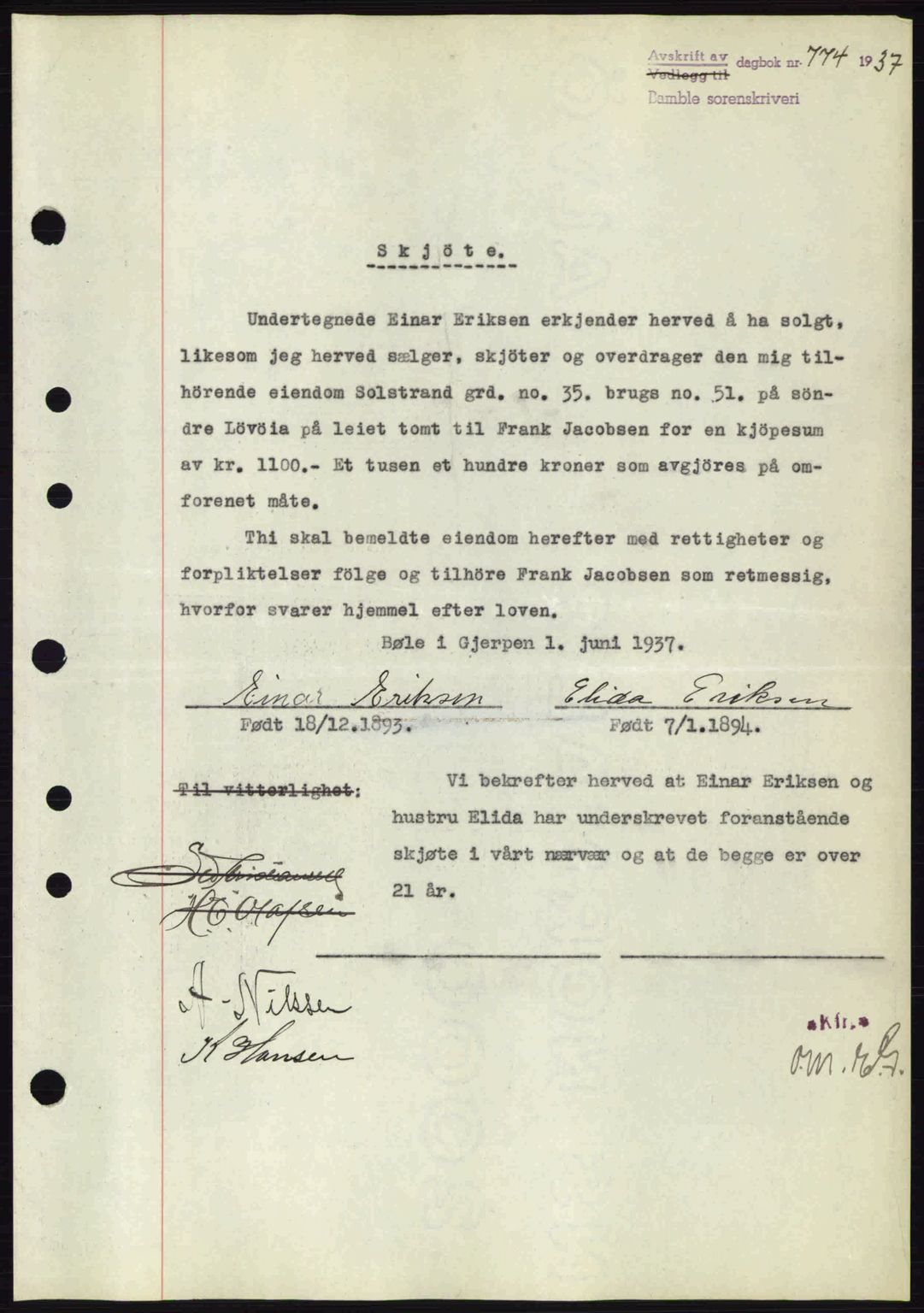 Bamble sorenskriveri, AV/SAKO-A-214/G/Ga/Gag/L0002: Mortgage book no. A-2, 1937-1938, Diary no: : 774/1937