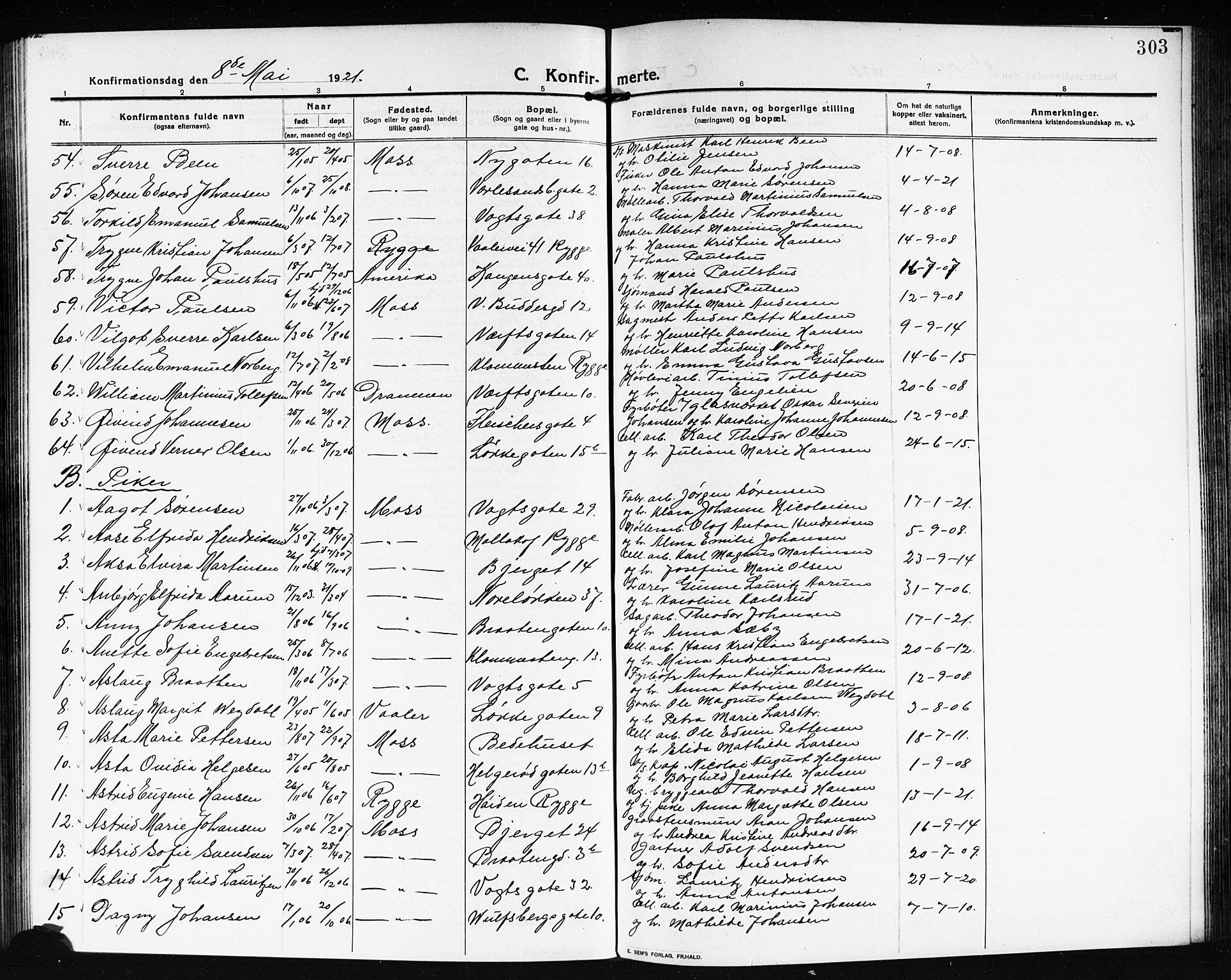 Moss prestekontor Kirkebøker, AV/SAO-A-2003/G/Ga/L0008: Parish register (copy) no. I 8, 1913-1923, p. 303
