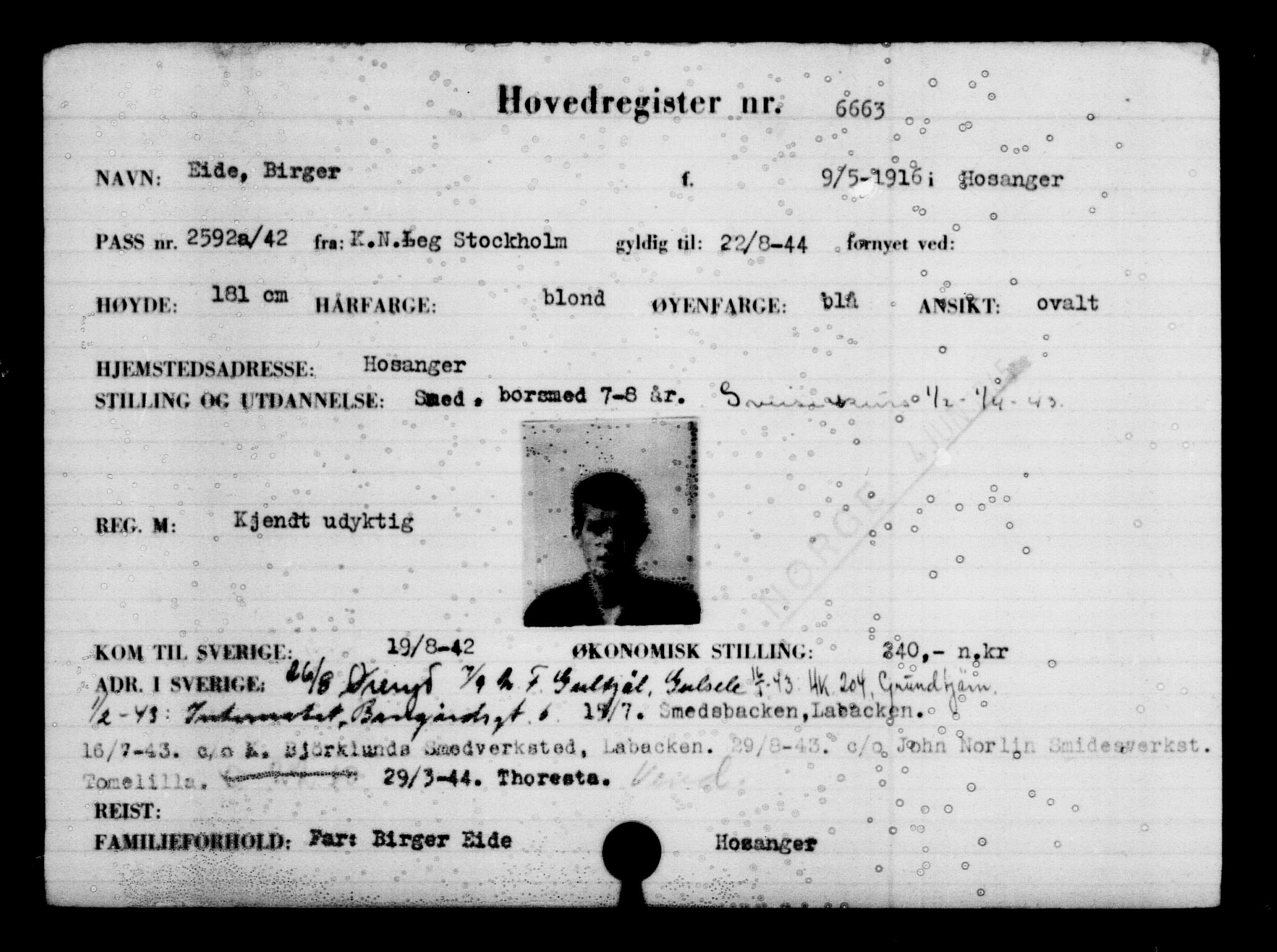 Utenriksstasjonene, Legasjonen i Stockholm, Flyktningkontoret, AV/RA-S-6753/V/Va/L0005: Kjesäterkartoteket, flyktninger med registreringsnr. 6600-9417, 1940-1945, p. 75