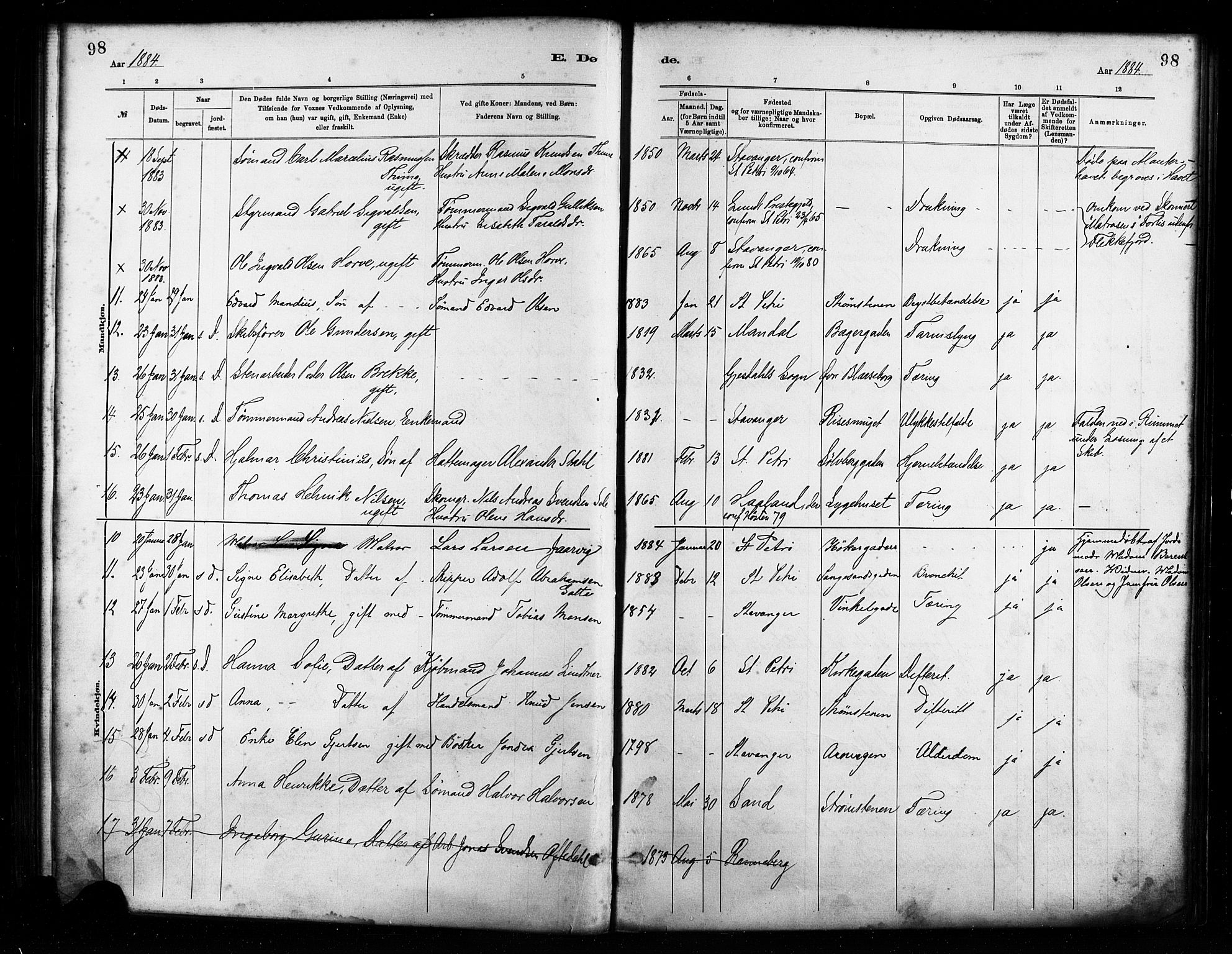 St. Petri sokneprestkontor, AV/SAST-A-101813/001/30/30BA/L0017: Parish register (official) no. A 17, 1879-1895, p. 98