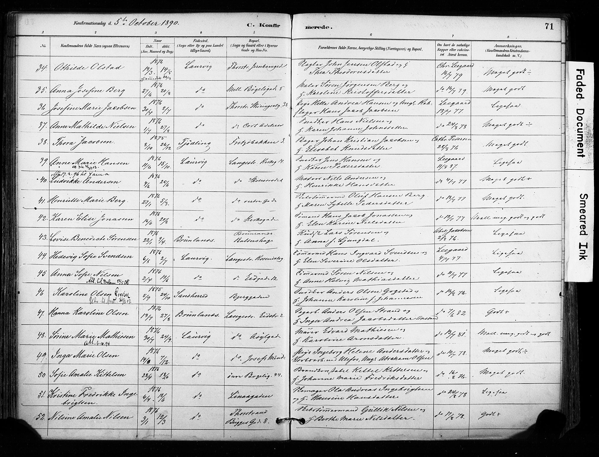 Larvik kirkebøker, AV/SAKO-A-352/F/Fa/L0008: Parish register (official) no. I 8, 1884-1902, p. 71