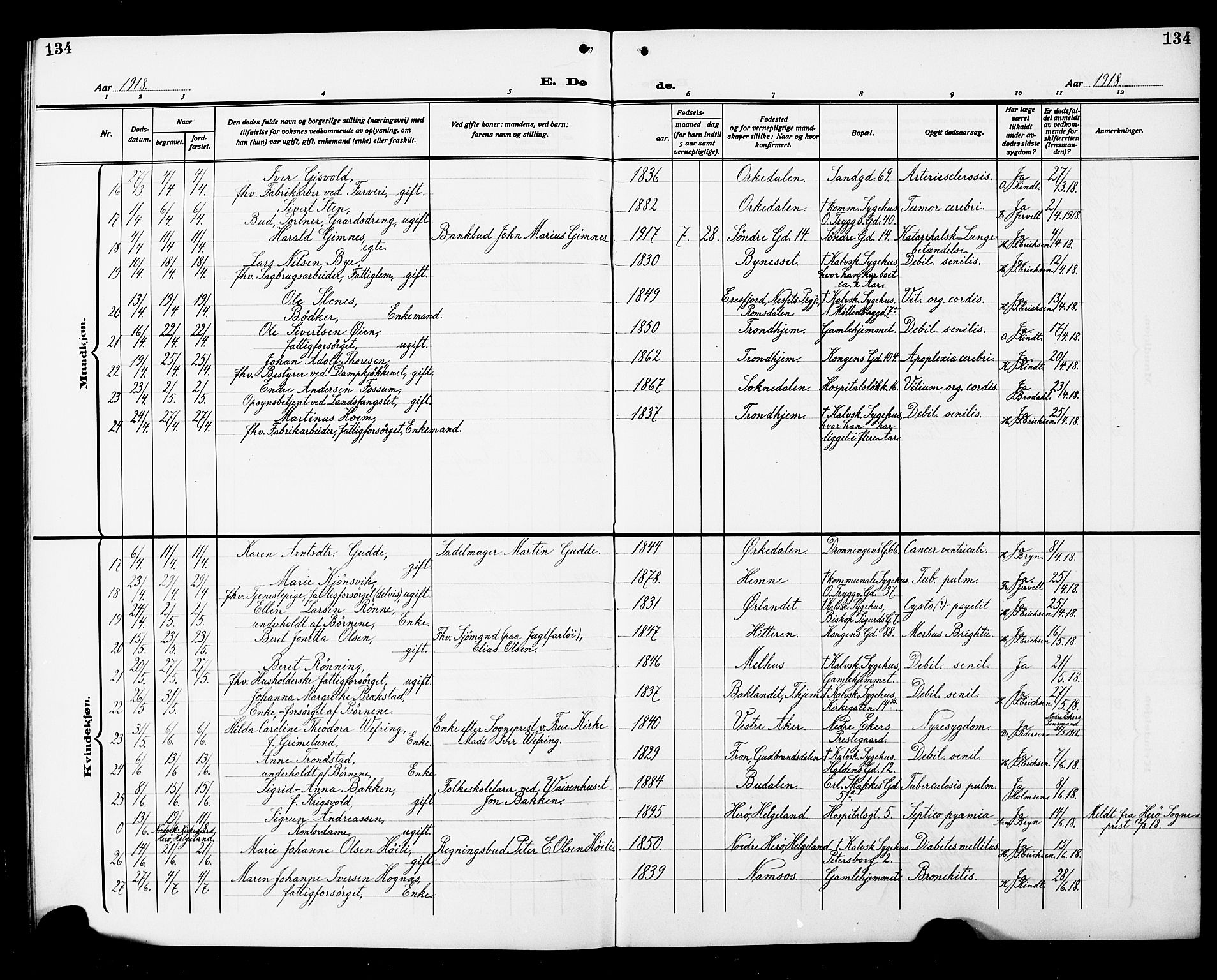 Ministerialprotokoller, klokkerbøker og fødselsregistre - Sør-Trøndelag, AV/SAT-A-1456/602/L0147: Parish register (copy) no. 602C15, 1911-1924, p. 134