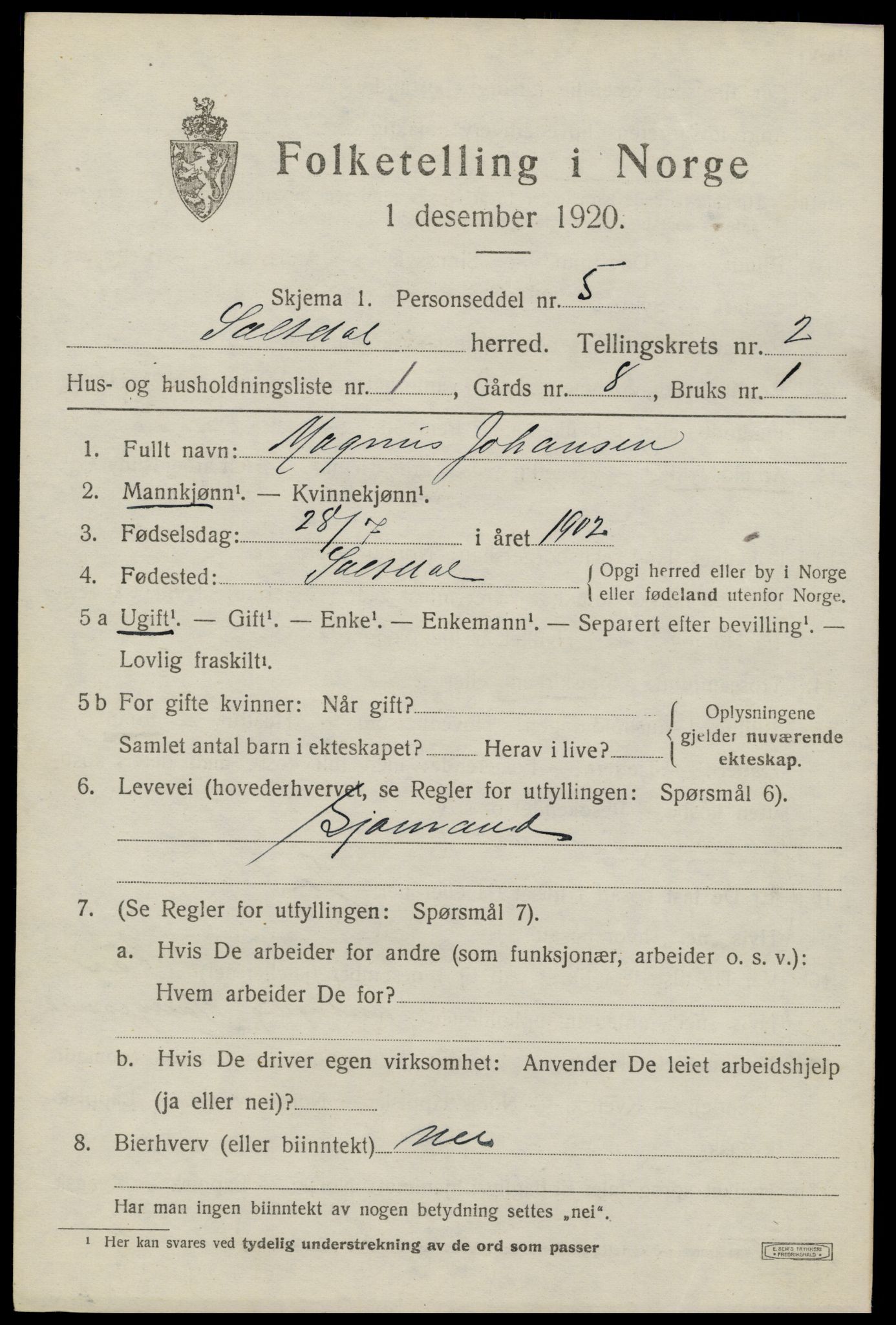 SAT, 1920 census for Saltdal, 1920, p. 2849