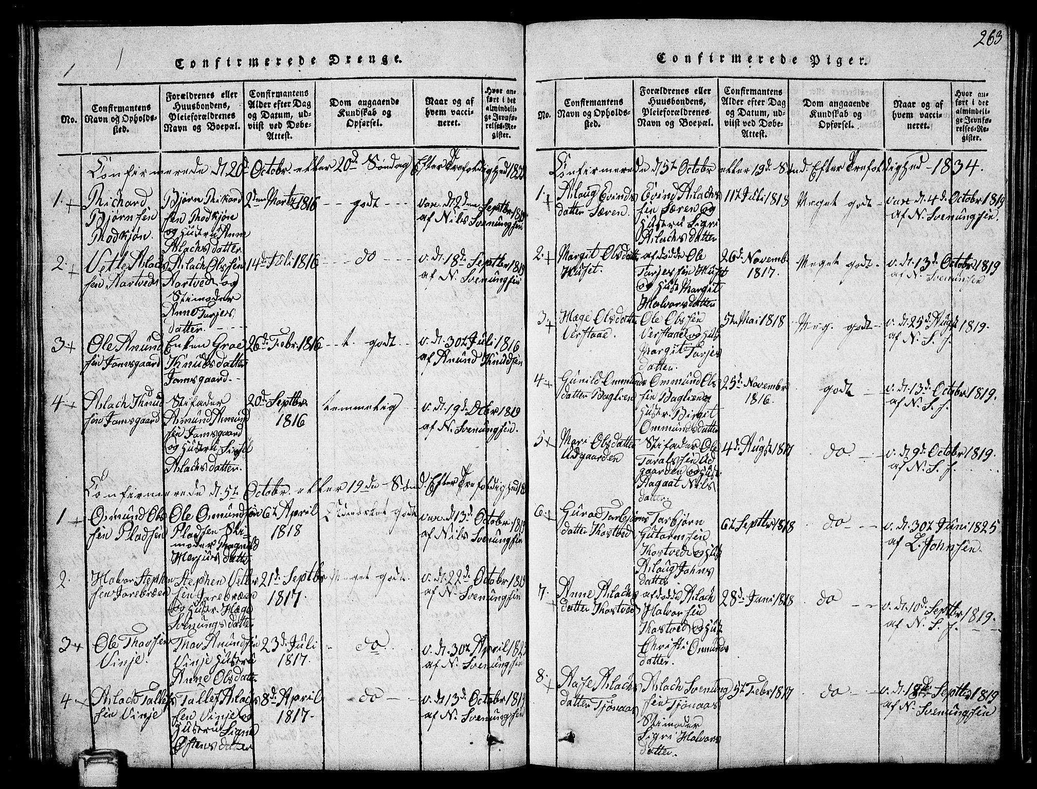 Vinje kirkebøker, SAKO/A-312/G/Ga/L0001: Parish register (copy) no. I 1, 1814-1843, p. 263