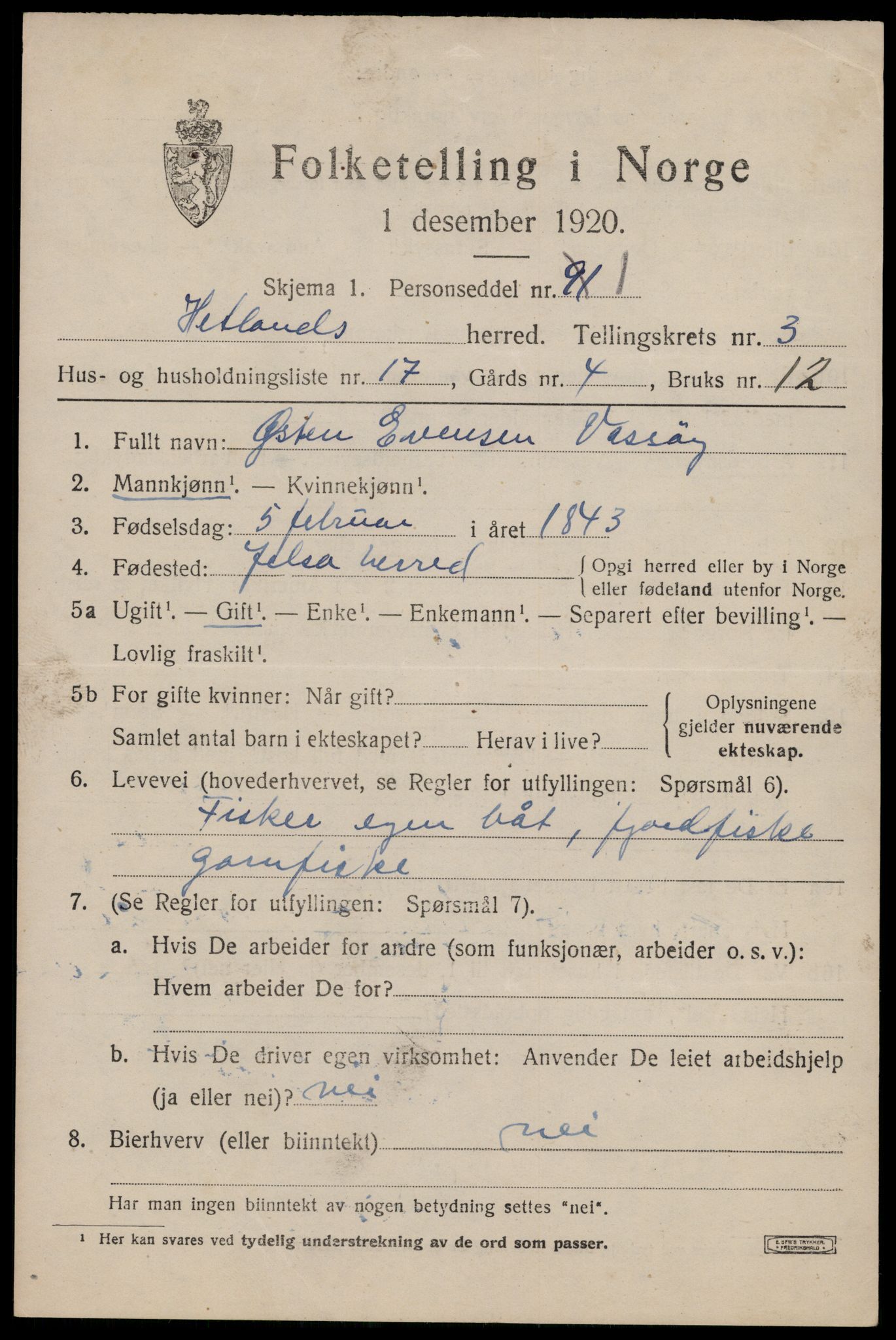 SAST, 1920 census for Hetland, 1920, p. 6255