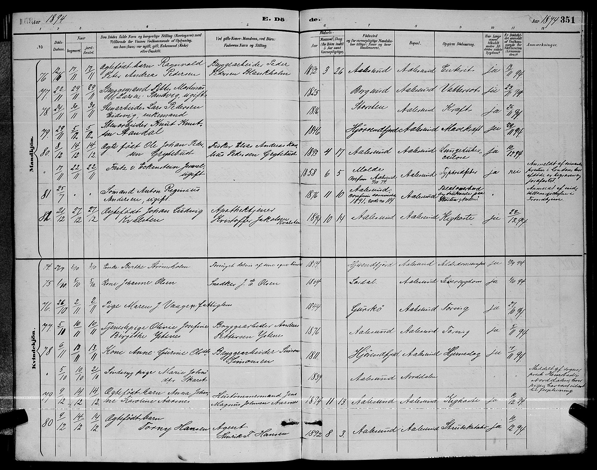 Ministerialprotokoller, klokkerbøker og fødselsregistre - Møre og Romsdal, AV/SAT-A-1454/529/L0467: Parish register (copy) no. 529C04, 1889-1897, p. 351