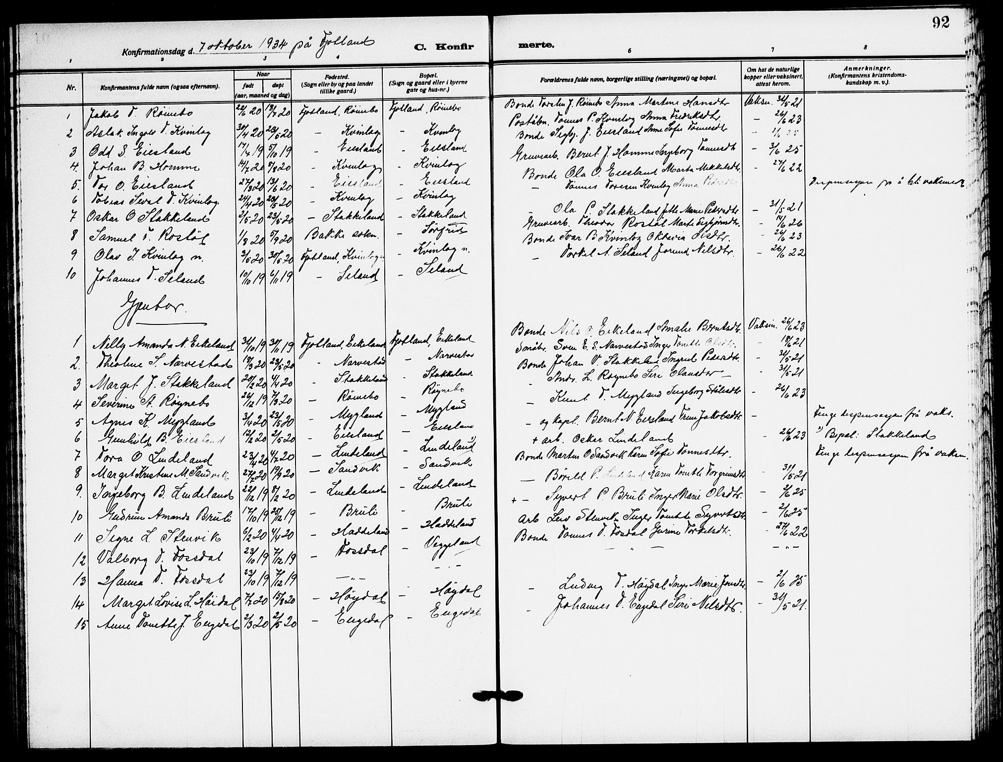 Fjotland sokneprestkontor, AV/SAK-1111-0010/F/Fb/L0004: Parish register (copy) no. B 4, 1925-1941, p. 92