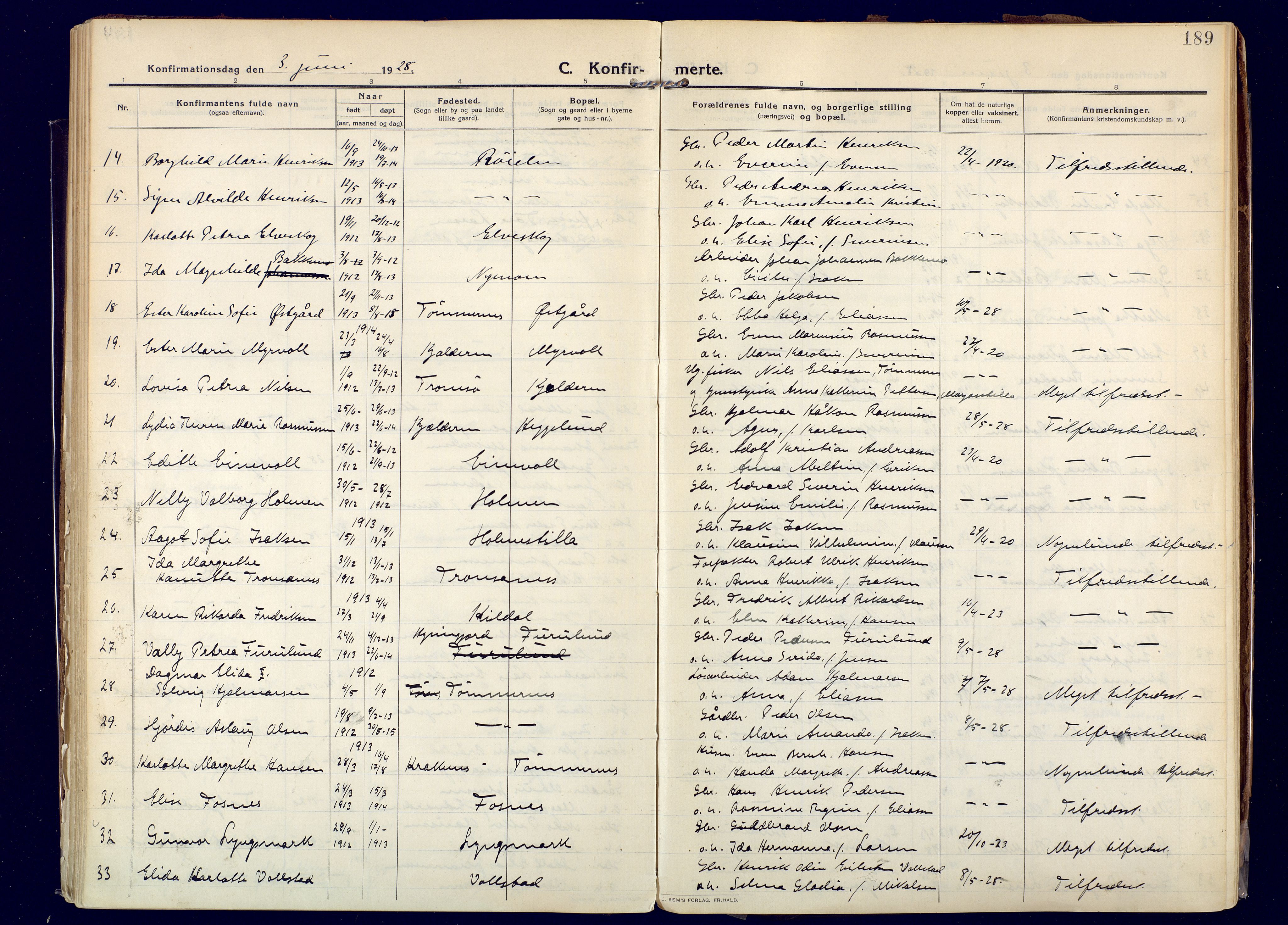 Skjervøy sokneprestkontor, AV/SATØ-S-1300/H/Ha/Haa: Parish register (official) no. 20, 1911-1931, p. 189