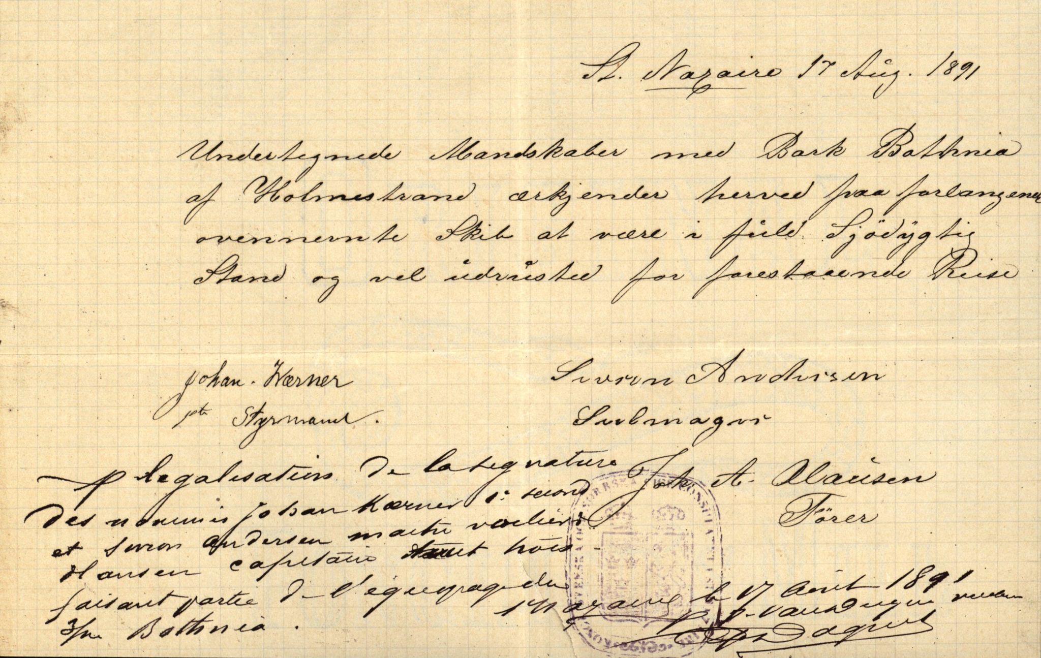 Pa 63 - Østlandske skibsassuranceforening, VEMU/A-1079/G/Ga/L0027/0003: Havaridokumenter / Bothnia, Petropolis, Agathe, Annie, Ispolen, Isploven, 1891, p. 13