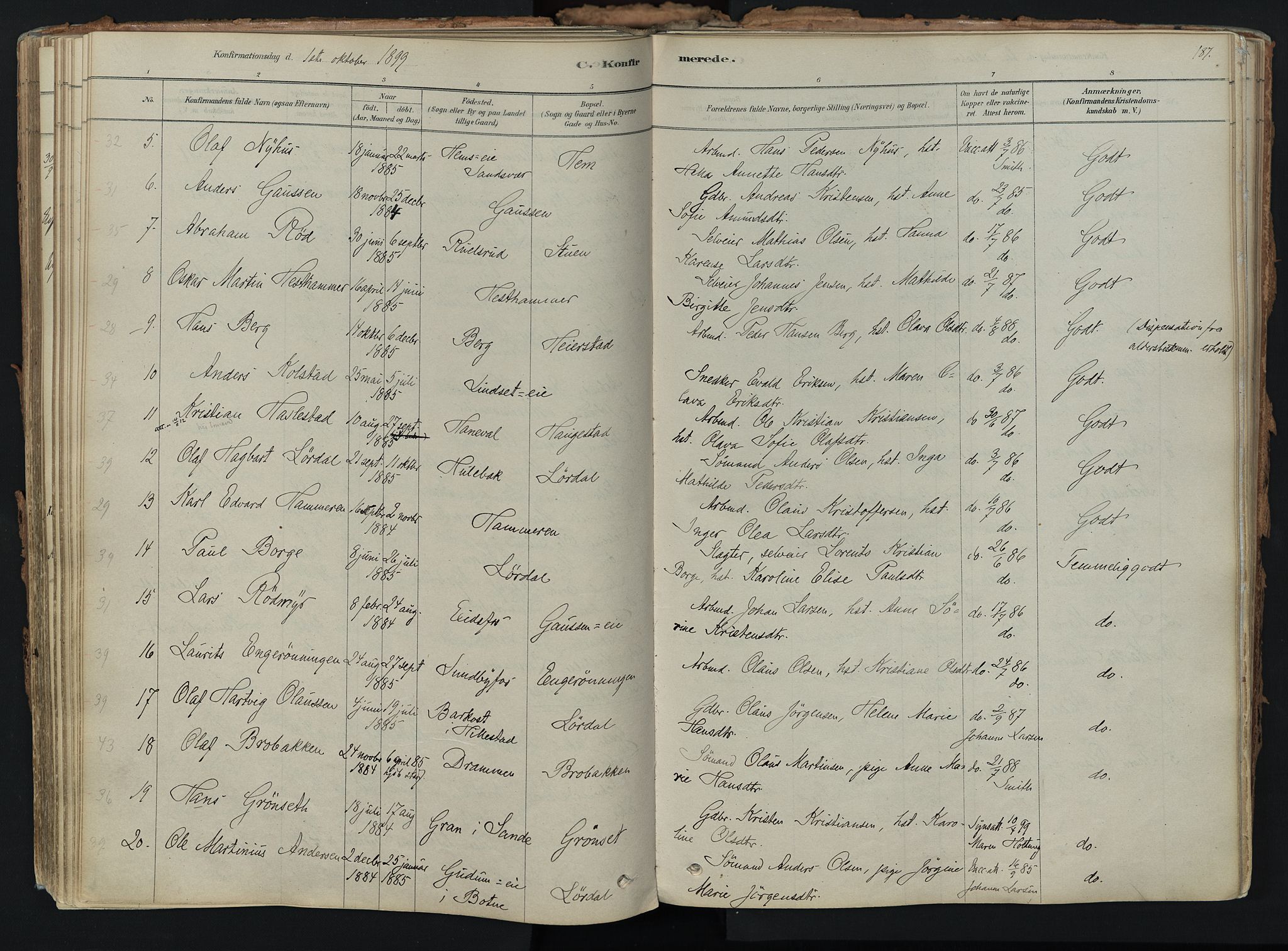 Hof kirkebøker, AV/SAKO-A-64/F/Fa/L0007: Parish register (official) no. I 7, 1878-1940, p. 187