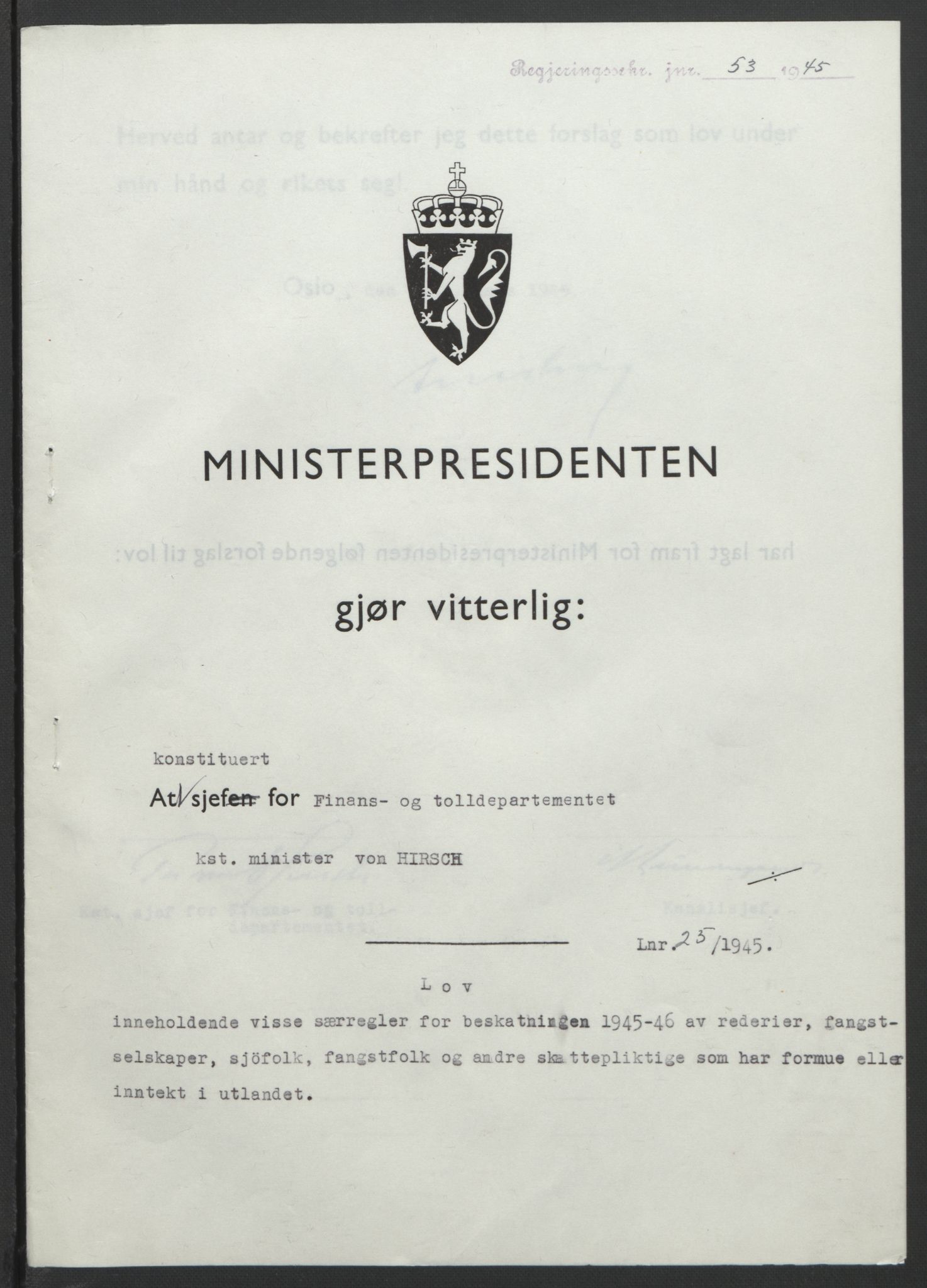 NS-administrasjonen 1940-1945 (Statsrådsekretariatet, de kommisariske statsråder mm), RA/S-4279/D/Db/L0101/0001: -- / Lover og vedtak, 1945, p. 102