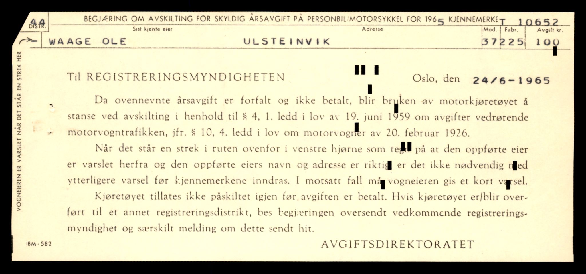 Møre og Romsdal vegkontor - Ålesund trafikkstasjon, SAT/A-4099/F/Fe/L0022: Registreringskort for kjøretøy T 10584 - T 10694, 1927-1998, p. 1987