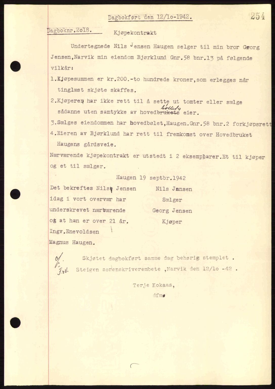 Steigen og Ofoten sorenskriveri, AV/SAT-A-0030/1/2/2C: Mortgage book no. A9-12, 1942-1946, Diary no: : 2018/1942